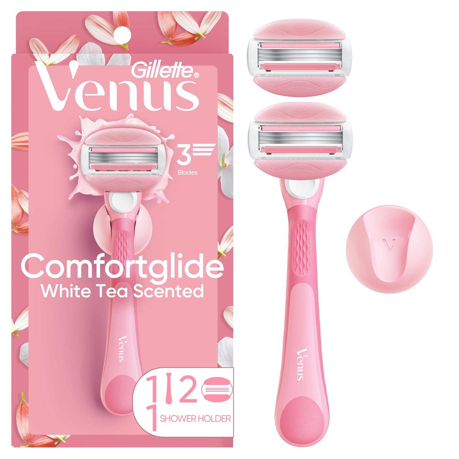 Gillette Venus ComfortGlide Razor for Women, White Tea Scented Gel Bars, Includes 1 Reusable Razor Handle + 2 Refills, Built-in Shave Gel Bars