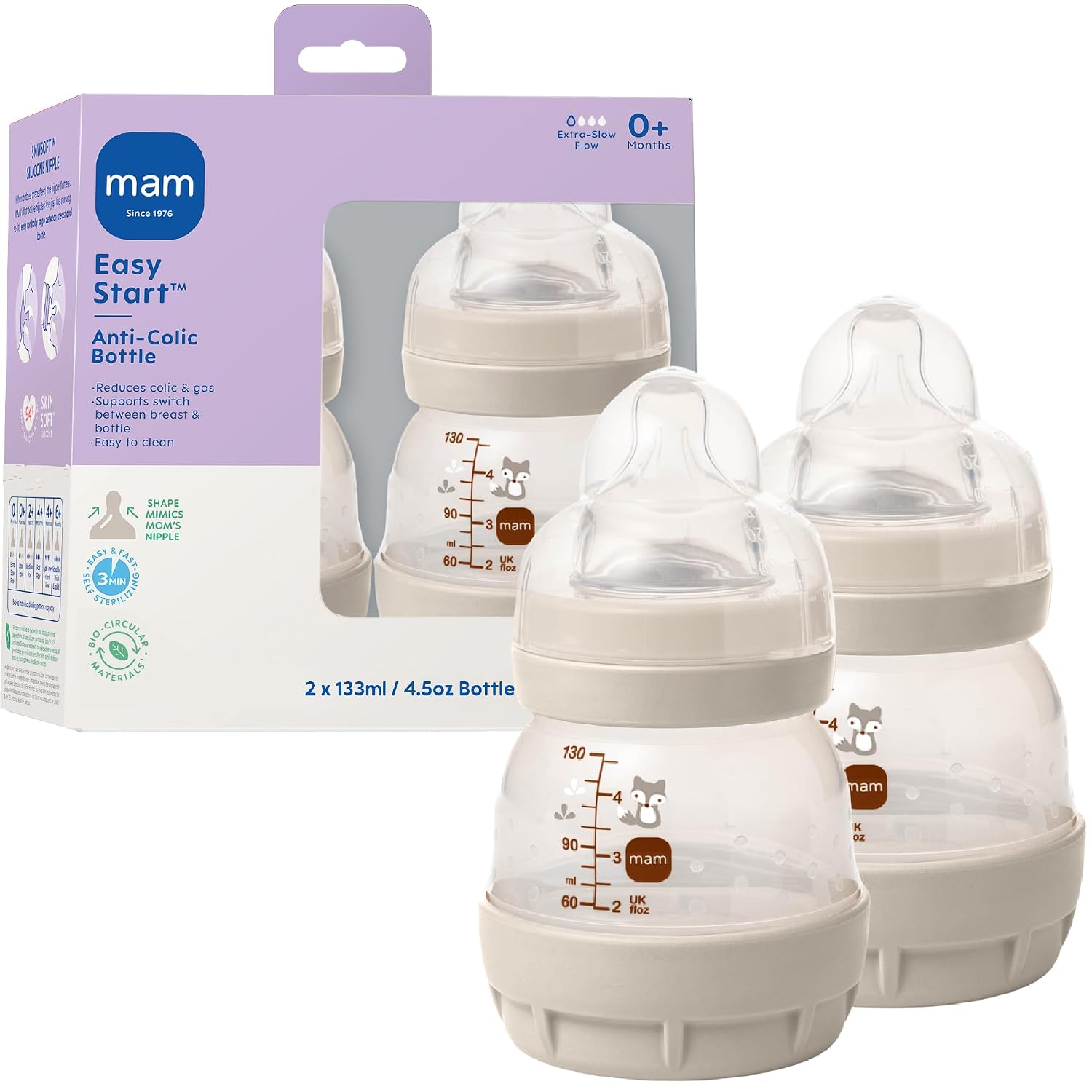 MAM Easy Start Anti-Colic+ Vented Baby Bottle, 0+ Mths, 2 Pk, 4.5oz, Unisex