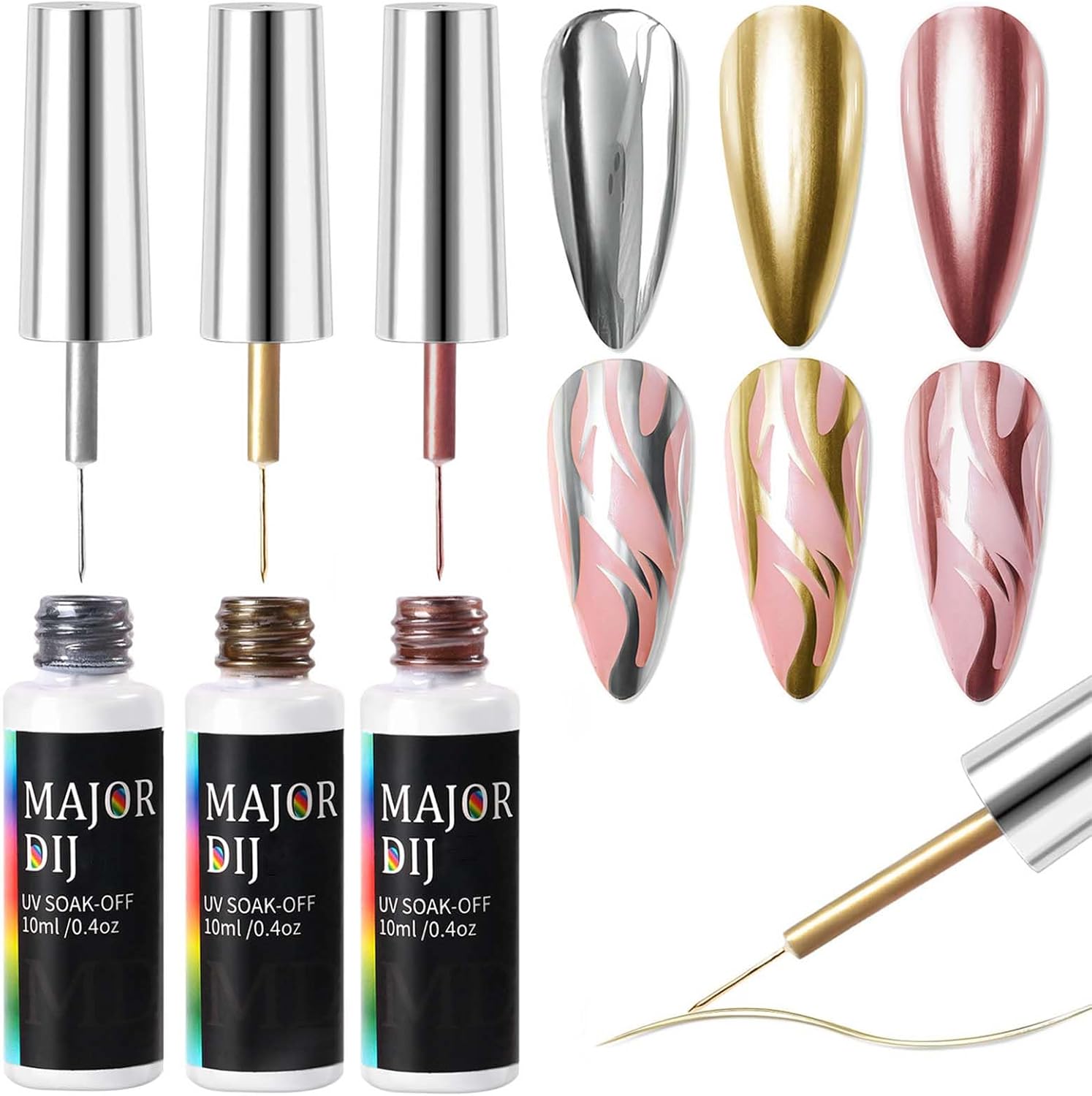 3PCS Gel Liner Nail Art Kit - Metallic Nail Polish Set - Nail Art Liner Gel Nail Polish - Silver Gold Pink Mirror Manicure Painted Nail Design Built-In Thin Brush for Swirl Nail Draw