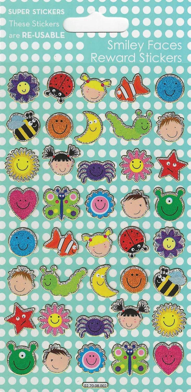 Paper Projects Smiling Faces Sparkly Reusable Reward Stickers | Perfect for Craft Activities for Children and Adults | Reusable on Non-Porous Surfaces,Blue,19.5cm x 9.5cm