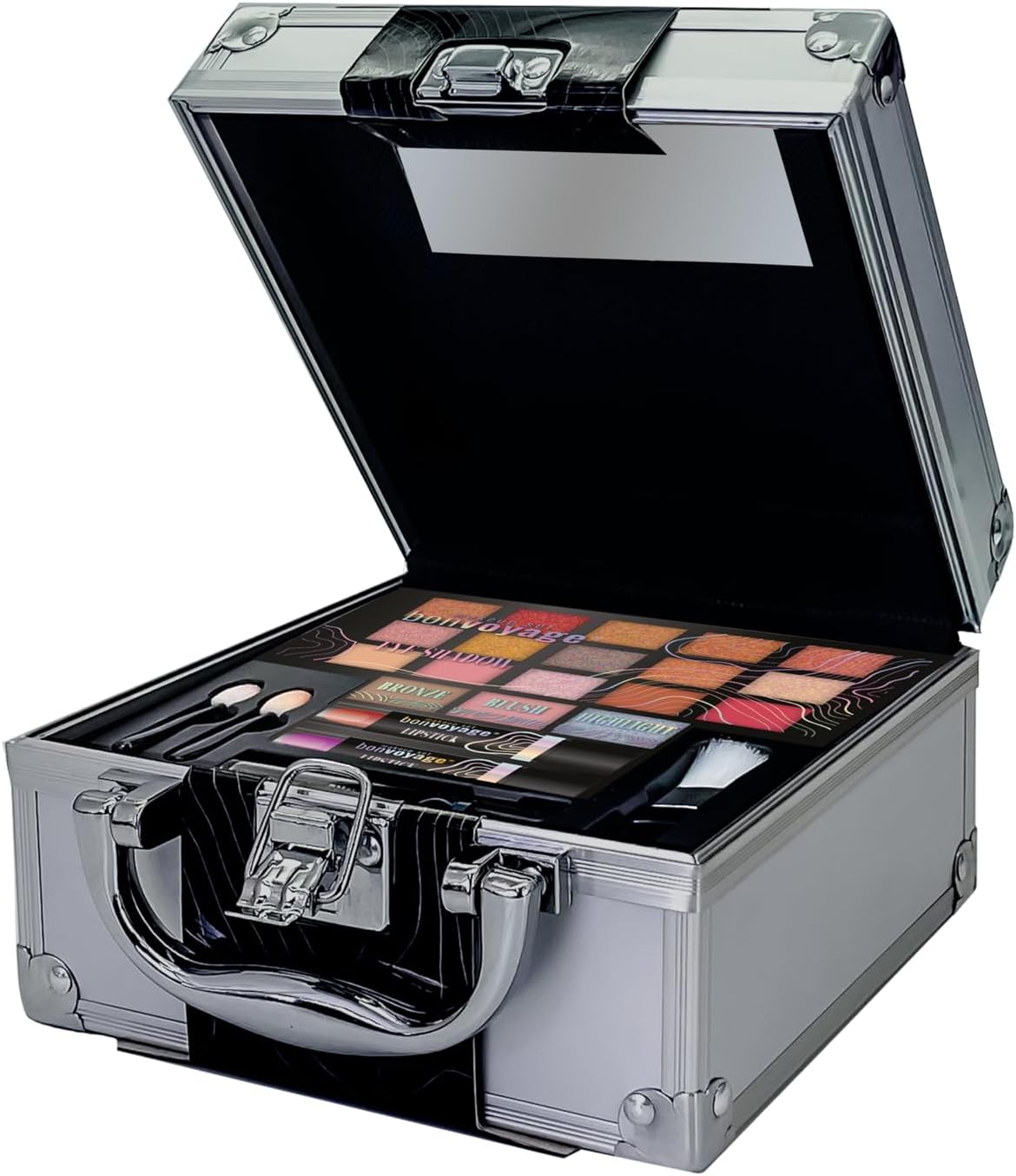 bonvoyage, 24-Piece Makeup Kit For Eyes, Lips, And Face, With Eyeshadows, Lipsticks, Highlighter, Bronzer, and More, Accessories Included, Travel In Colour