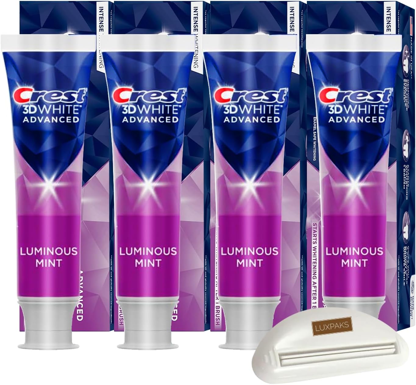CRST 3DWhite Advanced Luminous Mint Teeth Whitening Toothpaste, 4 Pack of 3.7 oz - Whitens After 1 Brush Bundled with LUXPAKS Toothpaste Squeezer