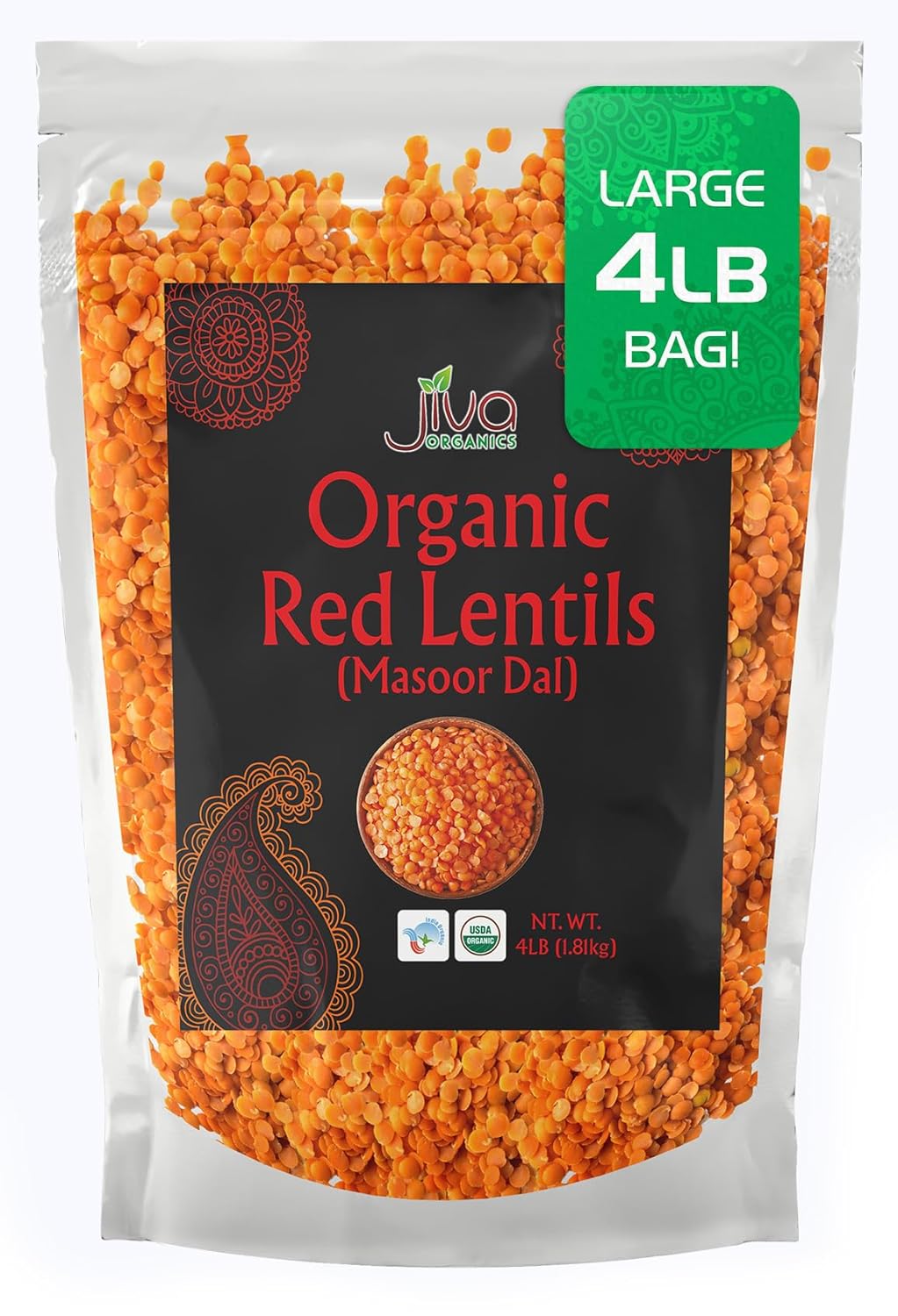 Jiva Organics Organic Red Lentils Split 4 LB LARGE Bag - Masoor Dal - Non-GMO, Vegan, Non-Irradiated