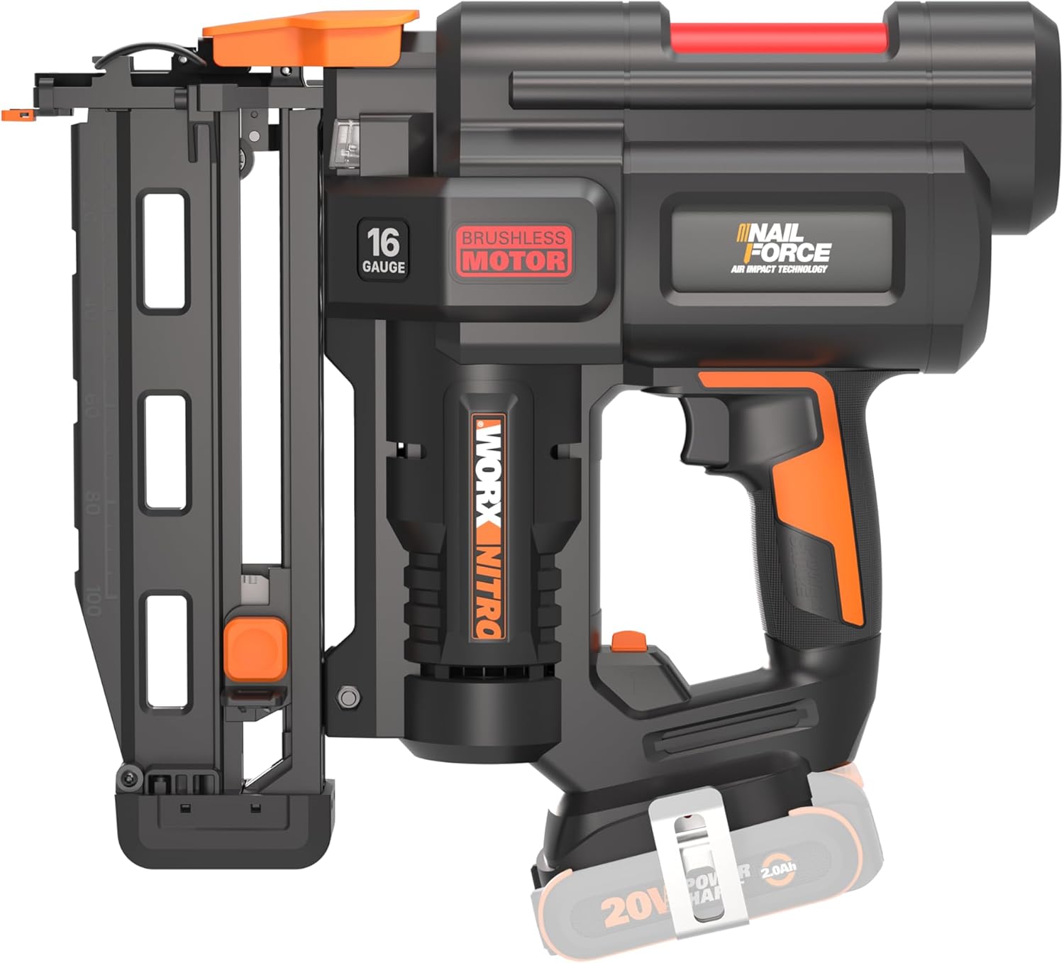 WORX WX841.9 20V Cordless 16 Gauge Finish Nailer Nail Gun, Air Impact Technology, Brushless Motor - Tool Only