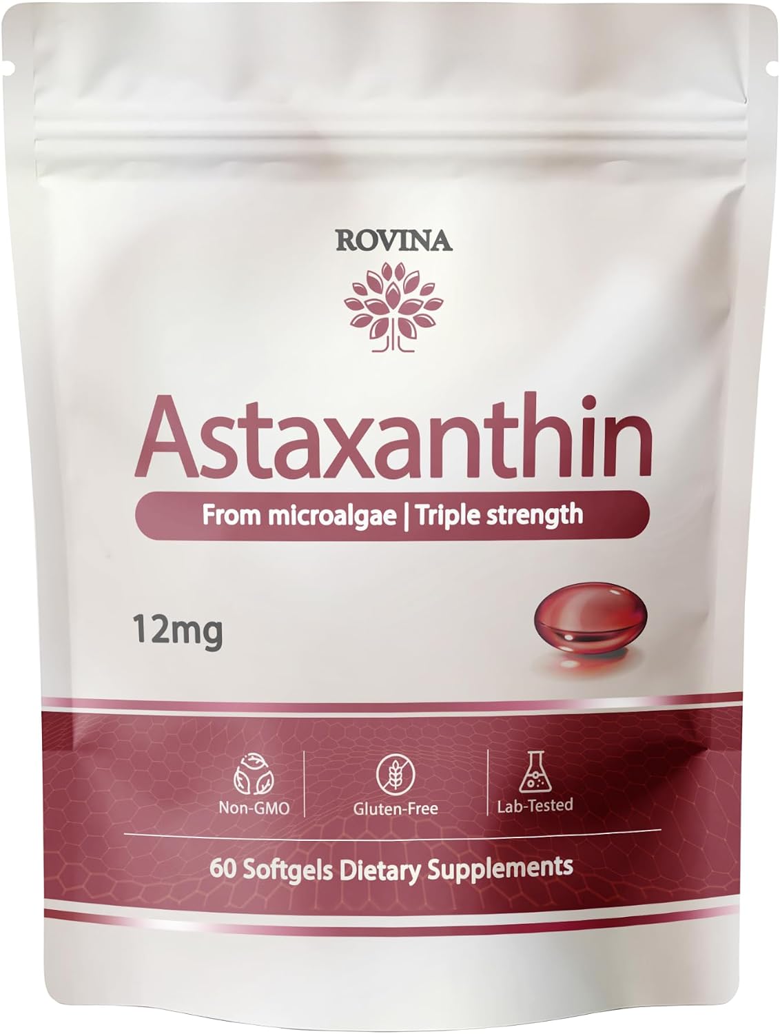 ROVINA Astaxanthin 12mg Softgels from Microalgae - Triple Strength Antioxidant Supplement for Eye, Skin, Immune & Joint Support - Non-GMO, Gluten Free Astaxanthin Supplements, 60 Softgels