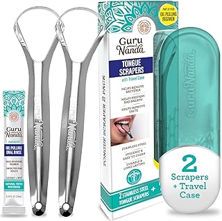 GuruNanda Tongue Scraper for Adults (2 Pack) with Travel Case, 420 Medical-Grade 100% Stainless Steel Tongue Cleaner, Aids in Fresh Breath & Oral Care