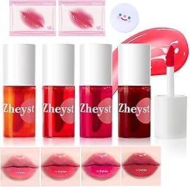 Lip Tint Korean Stain Set, 4 Colors Tinta Para Labios Waterproof Long Lasting Plumping Lip & Cheek Tint Moisturizing Non-sticky Easy Apply Mini Water Lipstick(Apple& Strawberry& Watermelon& Cherry)