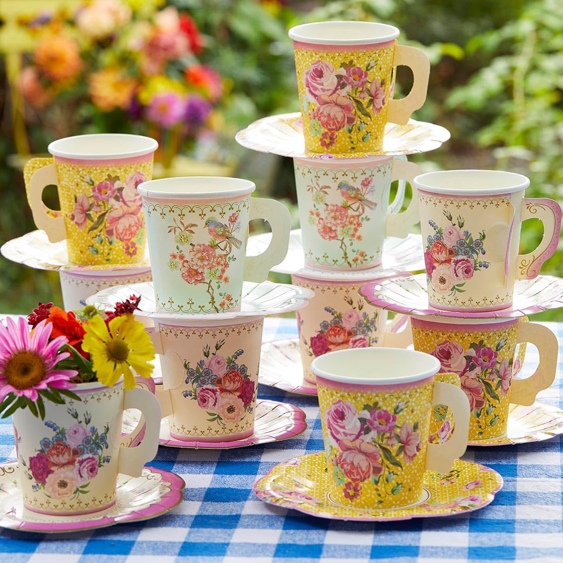 Talking Tables 24 x Vintage Paper Floral Disposable Tea Cups & Saucer Set, Afternoon Tea Party Table Decorations For Mother’s Day, Birthday, Baby Shower, Wedding - 6inches