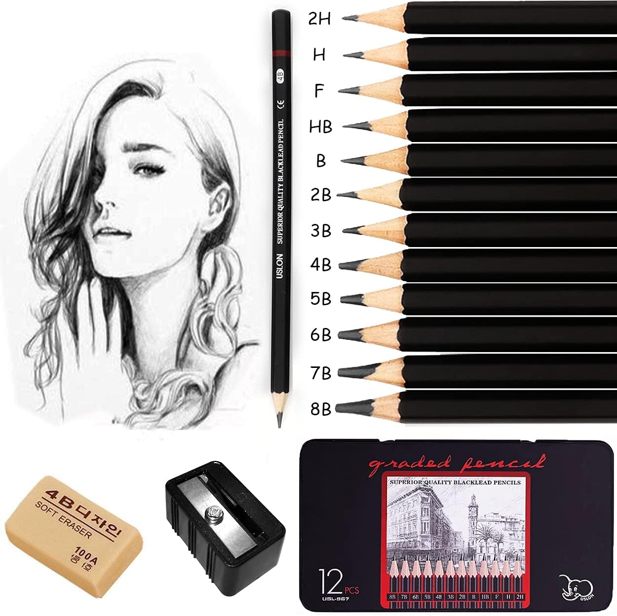 Surcotto Drawing pencils, professional sketching pencils set for beginner, artist pencils with eraser and sharpener (8B-2H). (14-Count)