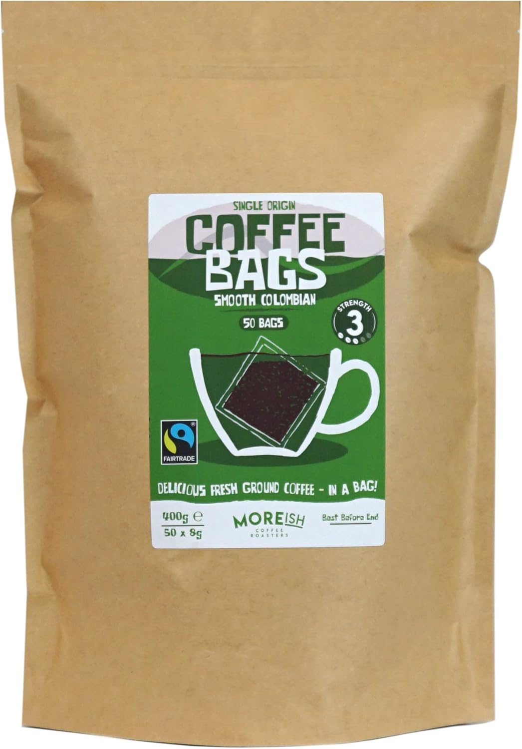 Moreish Coffee Bags - Smooth Colombian Fairtrade (50 Single Origin Coffee Bags)