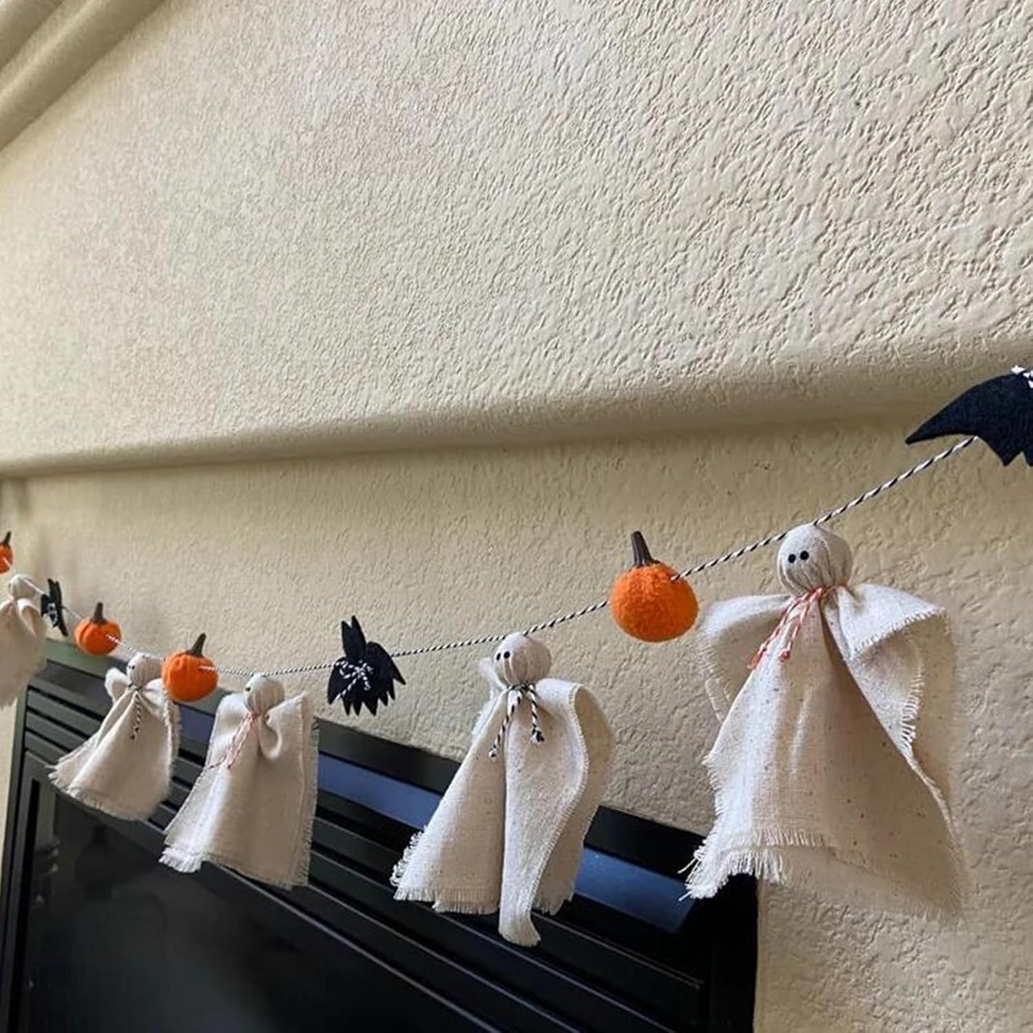 4ft Cute Halloween Felt Pumpkins Garland Decorations with Wooden Beads for Shelf Table Fireplace Mantle Stairs Indoor Hanging Autumn Home Decor (Ghost Pumpkin Bat Beige, 280cm)