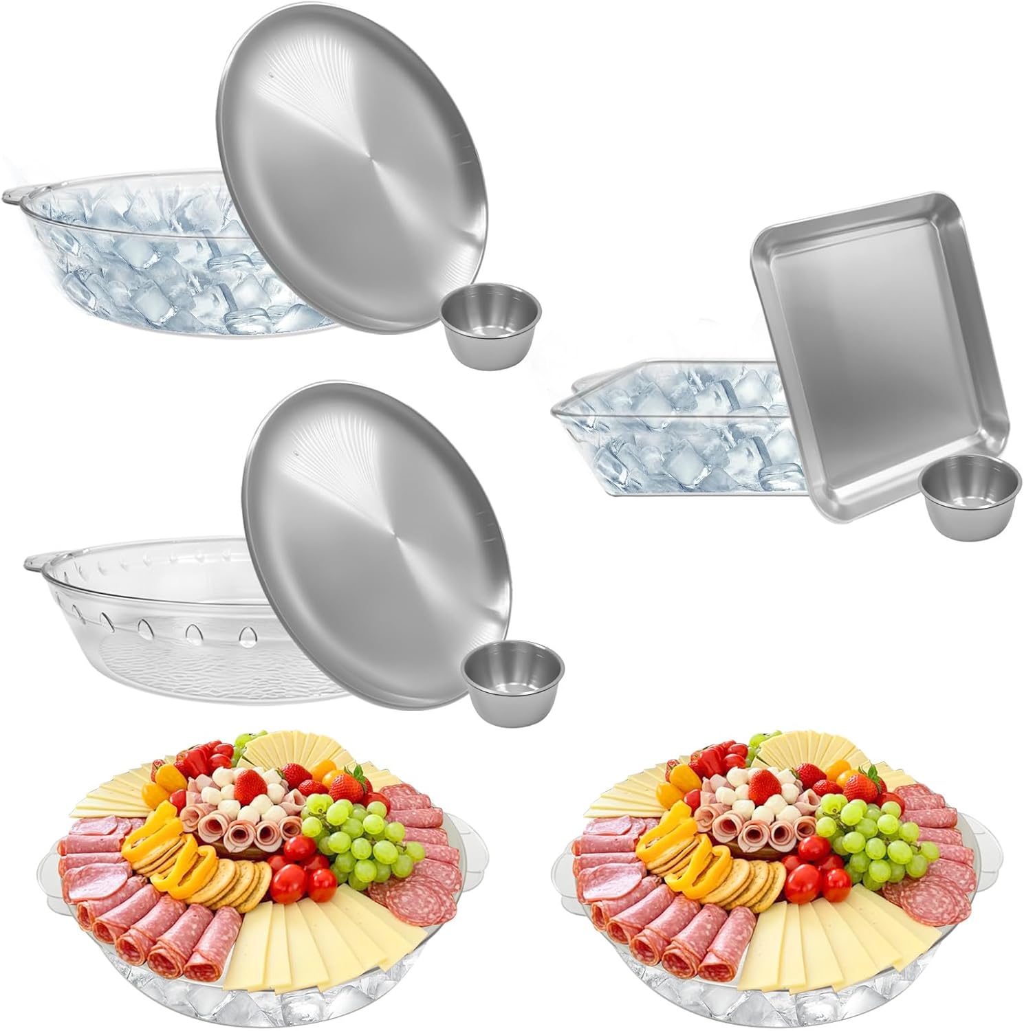 3 Set Chilled Serving Trays for Parties with Compartments,Chilled Party Platter，Platters for Serving Food Fruit Seafood Cocktail (3, Silver)