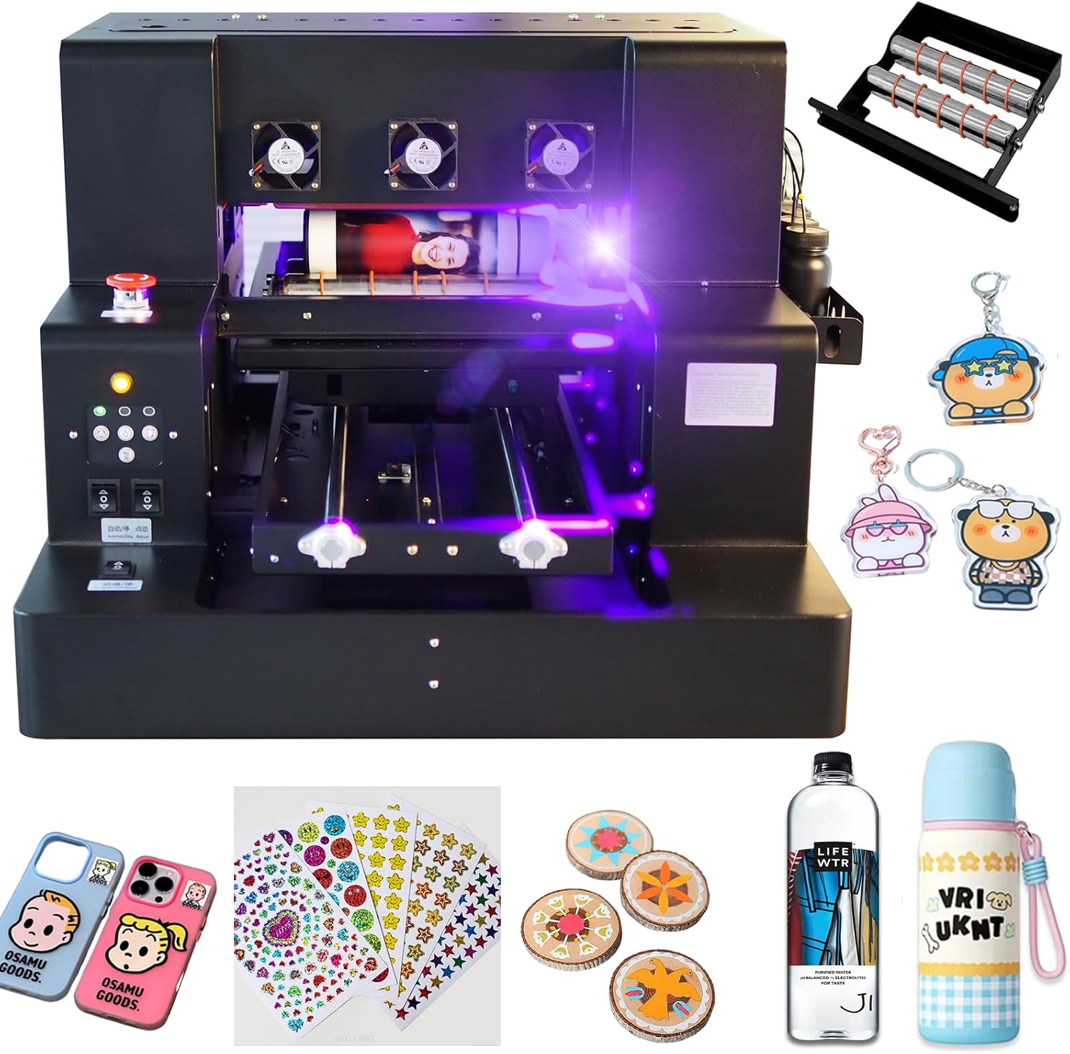 A3 L805 UV Printer, for Acrylic Stickers Bottles Phone Case Wood Cup Glass Metal Leather ABS, 2880 * 1440dpi, UV Flatbed Printer Machine with Bottle Holder, 100% Transfer Rate
