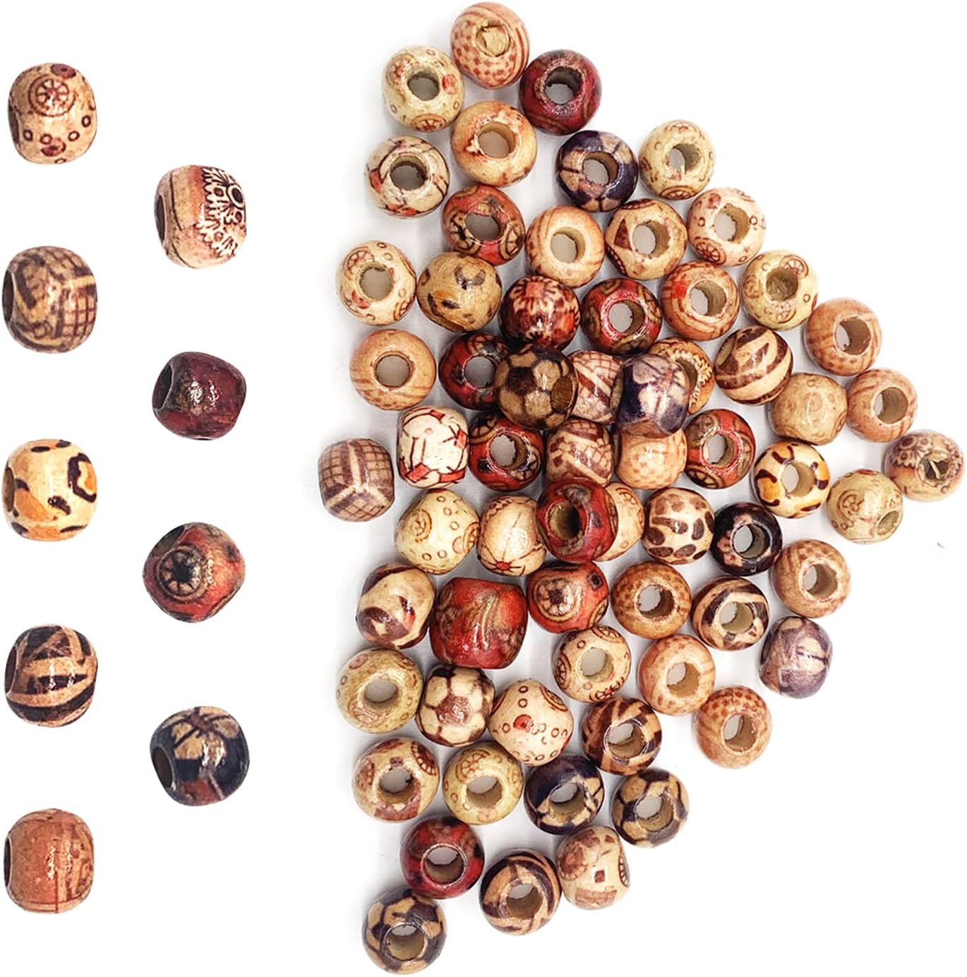 100pcs Natural Printed Wooden Beads,Wooden Beads Macrame Large HoleBeads,Various Pattern Loose Spacer WoodBeads Round Wood Beadsfor Jewelry Making Bracelet Necklace Hair DIY Decor,10mm,Round