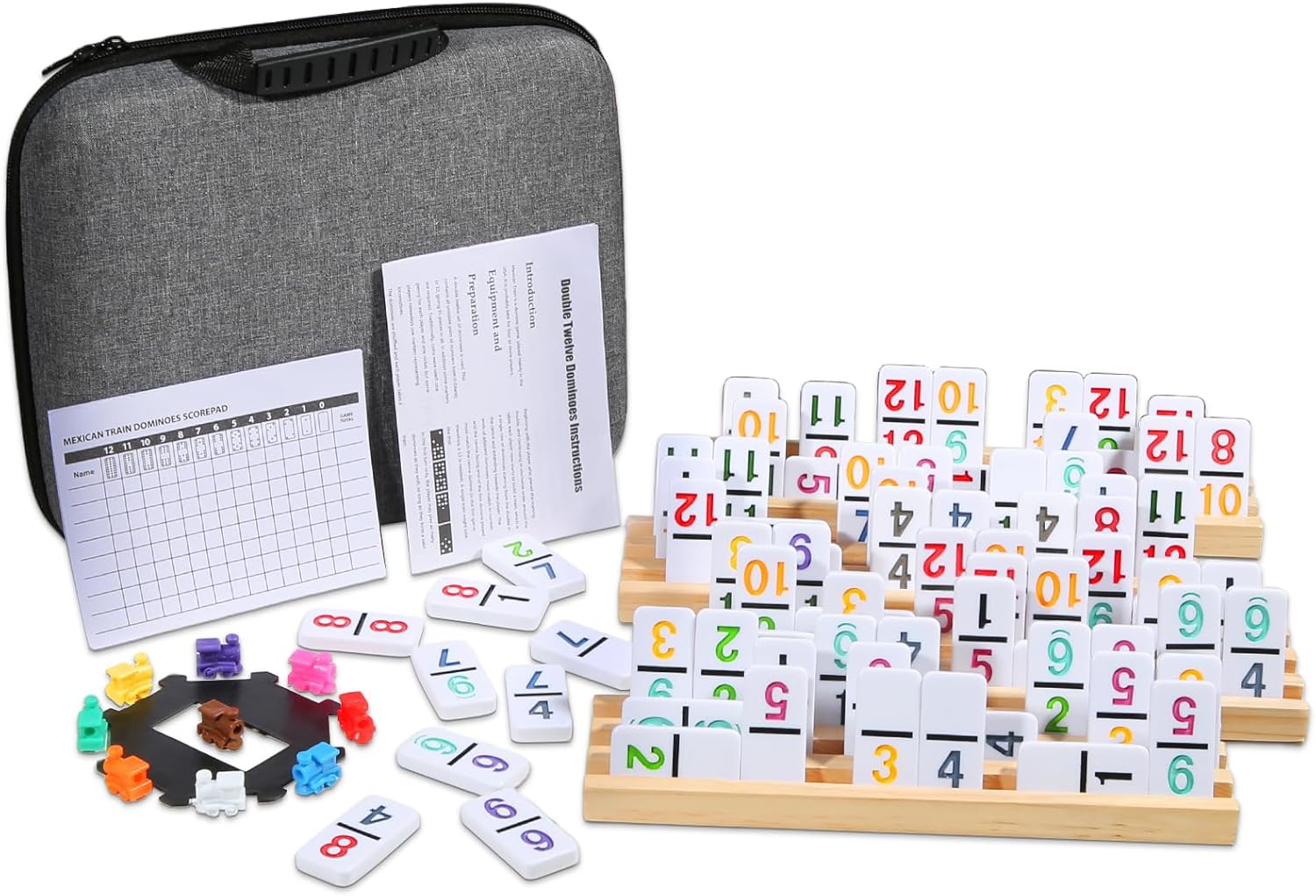 Mexican Train Numbers Dominoes with 4 Wood Trays, Color Double 12 Numerical Domine Set for Adults and Family, Classic 91 Tiles Board Grame with Waterproof Case