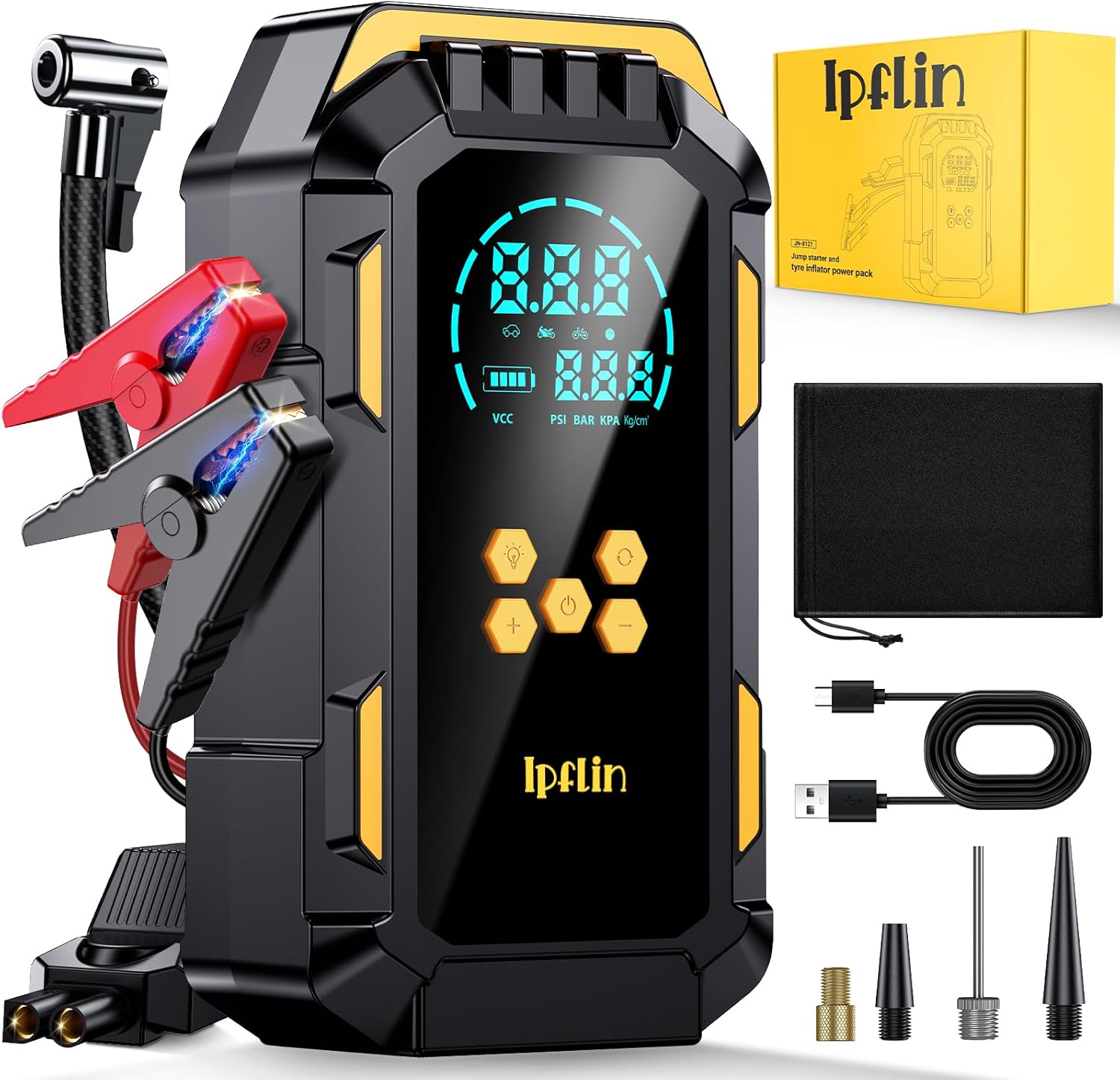 Ipflin Jump Starter Power Pack - Tyre Inflator Air Compressor 150 PSI,12V Portable Car Battery Booster Jump Starter for 9L Gas/8L Diesel, Car Starter Power Pack with Jump Leads, 3 Light, LCD Display