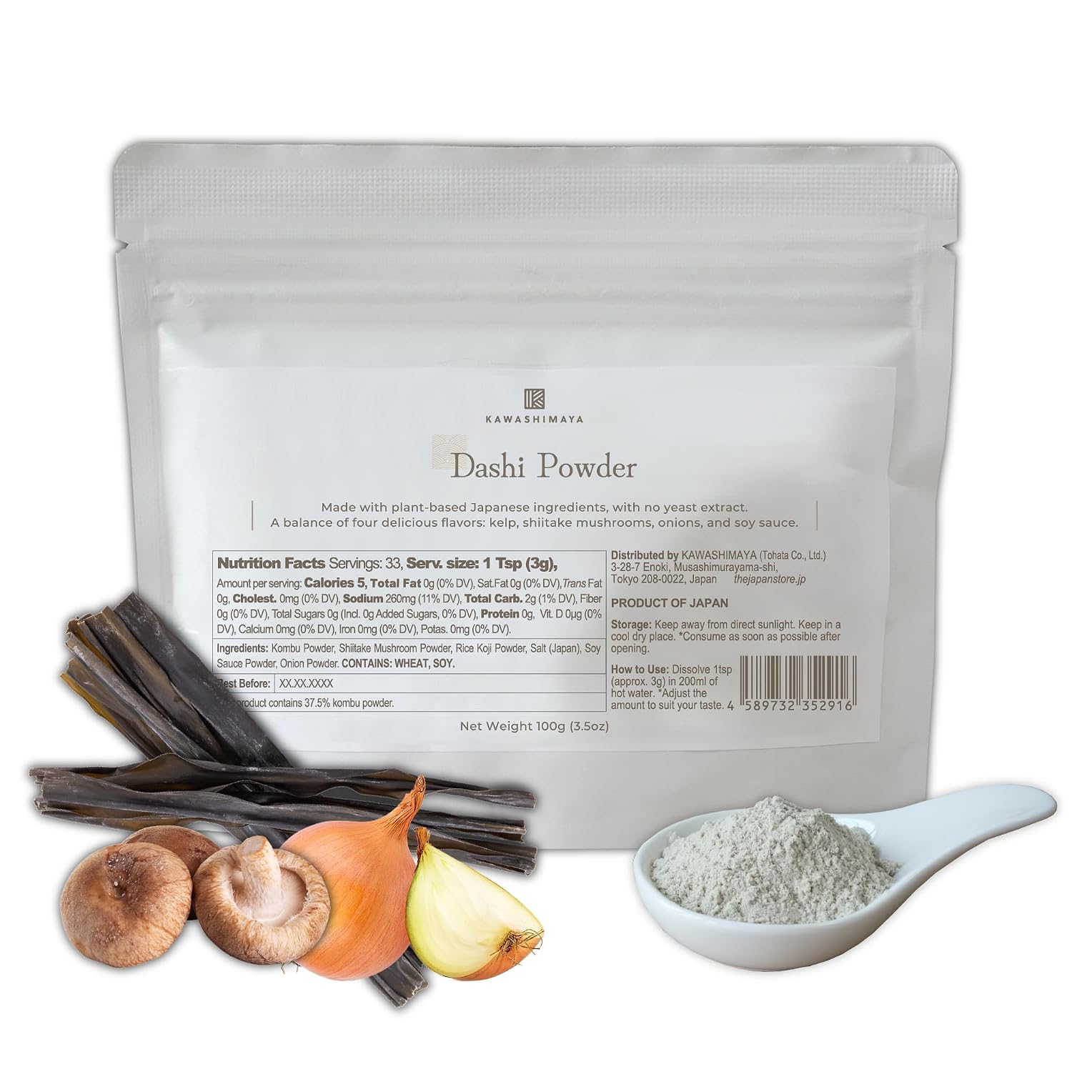 Kawashimaya Vegan Dashi Powder 100g - Japanese Umami Soup Stock, Plant-Based, Made in Japan
