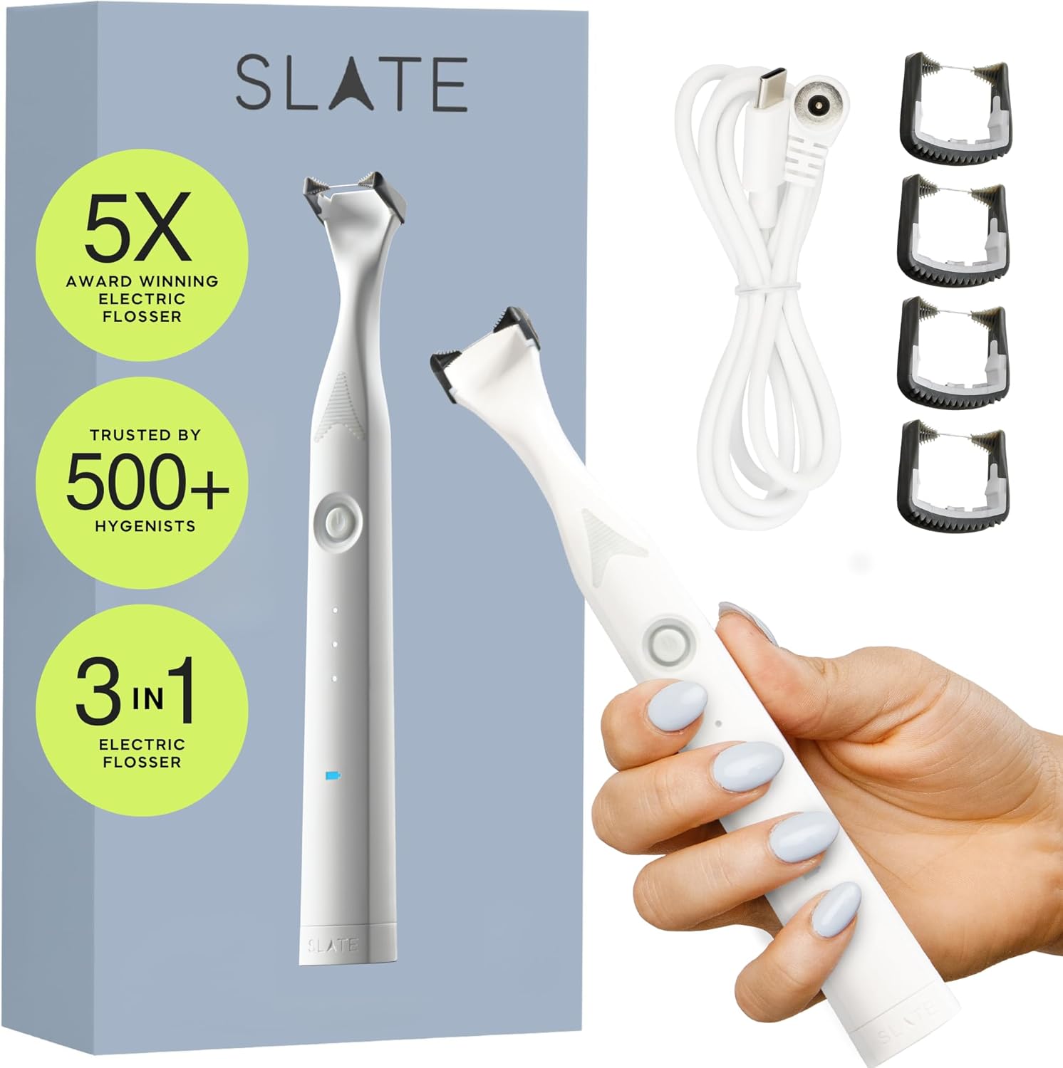 SLATE Electric Flosser | 3-in-1 Electric Flosser for Teeth w/ 3 Speeds - Dentist Invented Magic Floss | Reusable Non-Toxic Floss, Tongue Scraper & Gum Care | Power Dental Flossers for Adults & Kids