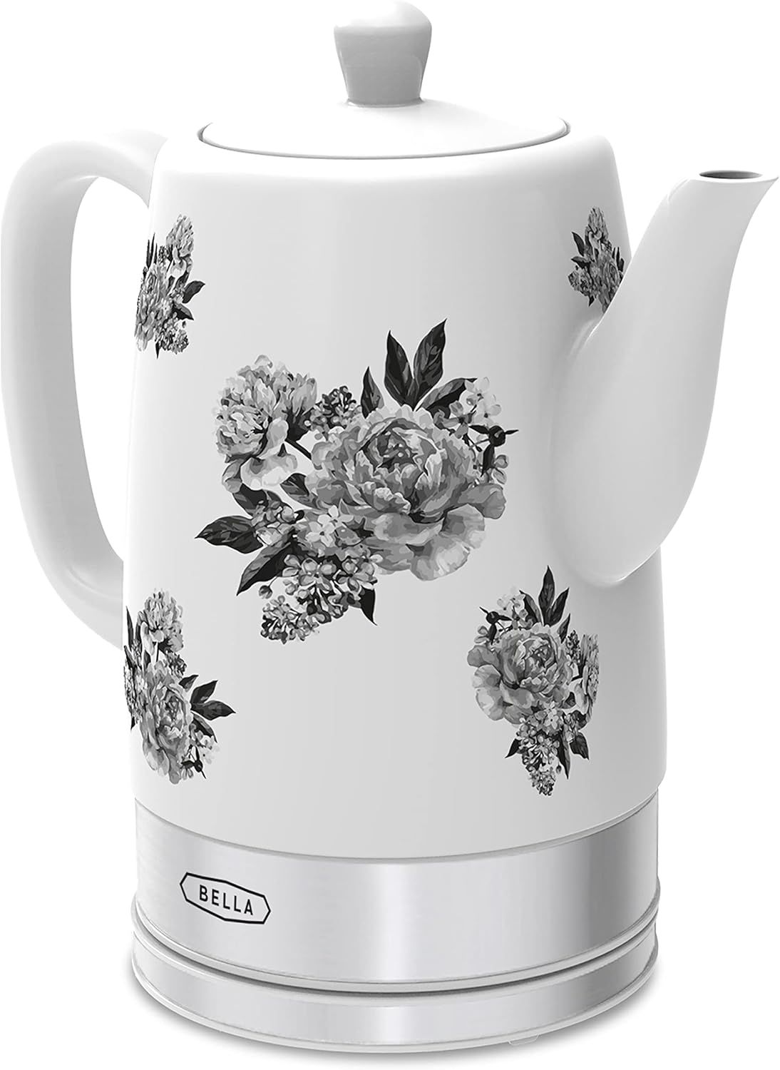 BELLA Electric Kettle and Tea Pot, Ceramic Water Heater with Detachable Swivel Base, Auto Shut Off and Boil Dry Protection, 1.5 Liter, Black Floral