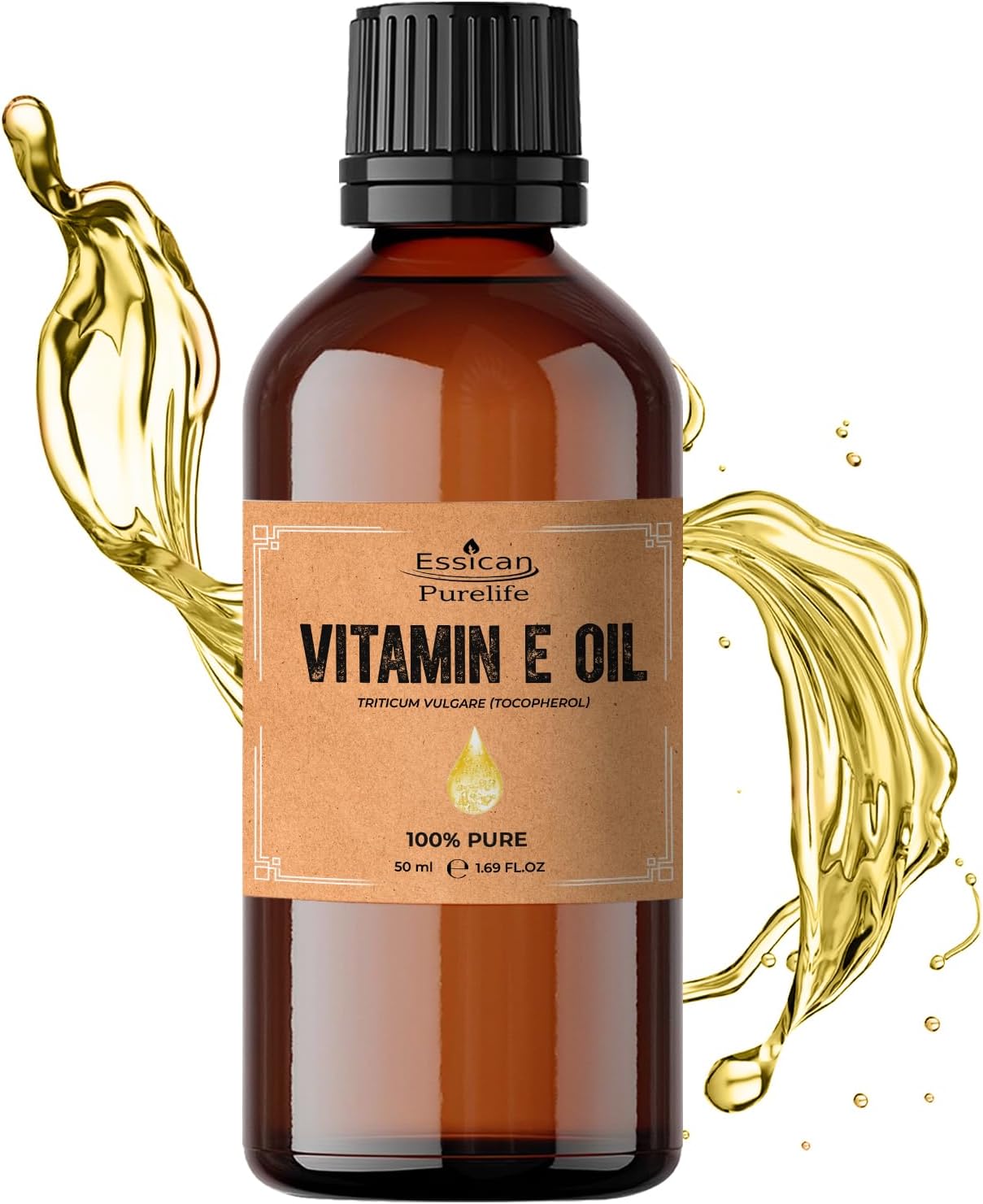 Essican Purelife Pure Vitamin E Oil for Skin, 50ml Natural Vit E Oil for Skin, Hair & Face, Antioxidant Rich, Carrier Oils for Essential Oils Mixing, Supports Hair Growth, Nails & Cuticles