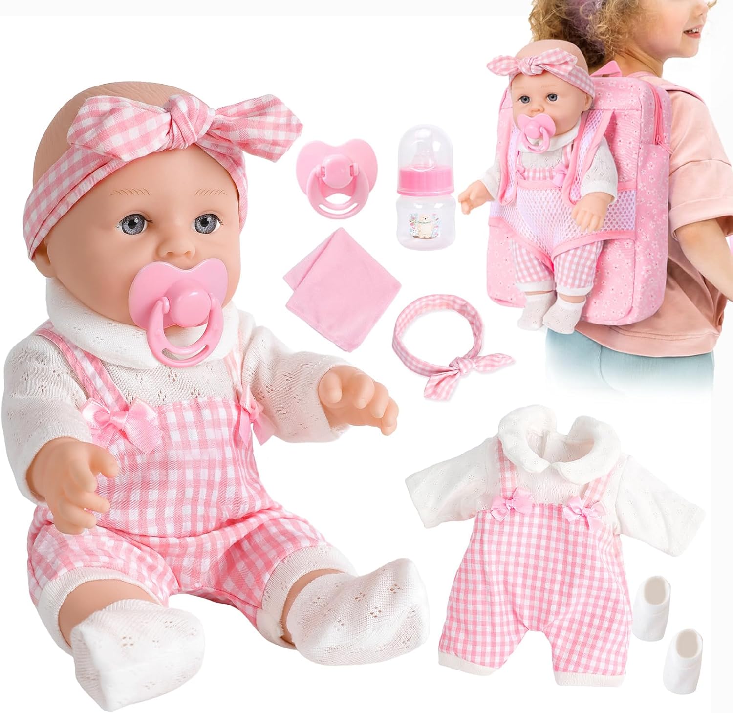 DONTNO 12 Inch Baby Doll with Clothes and Backpack Carrier,Newborn Doll Includes Clothes,Blanket,Pacifier,Bottle,First Gift for Toddlers 36 Months and Up