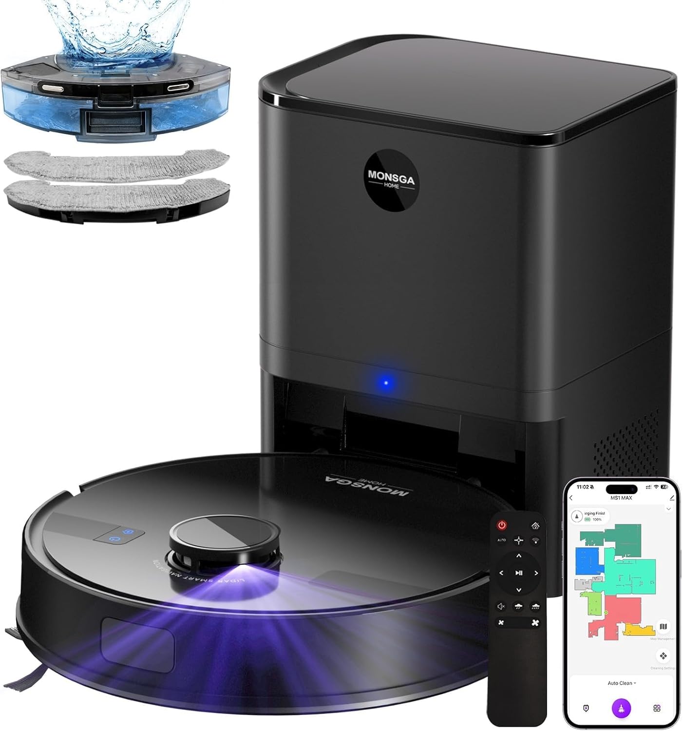 MONSGA Robot Vacuum with Mop, 5000Pa Strong Suction, Lidar Navigation Robotic Vacuum with 3.5L Self-Empty Station, 180mins Runtime, APP/Remote/Voice Control, for Hard Floors and Carpets