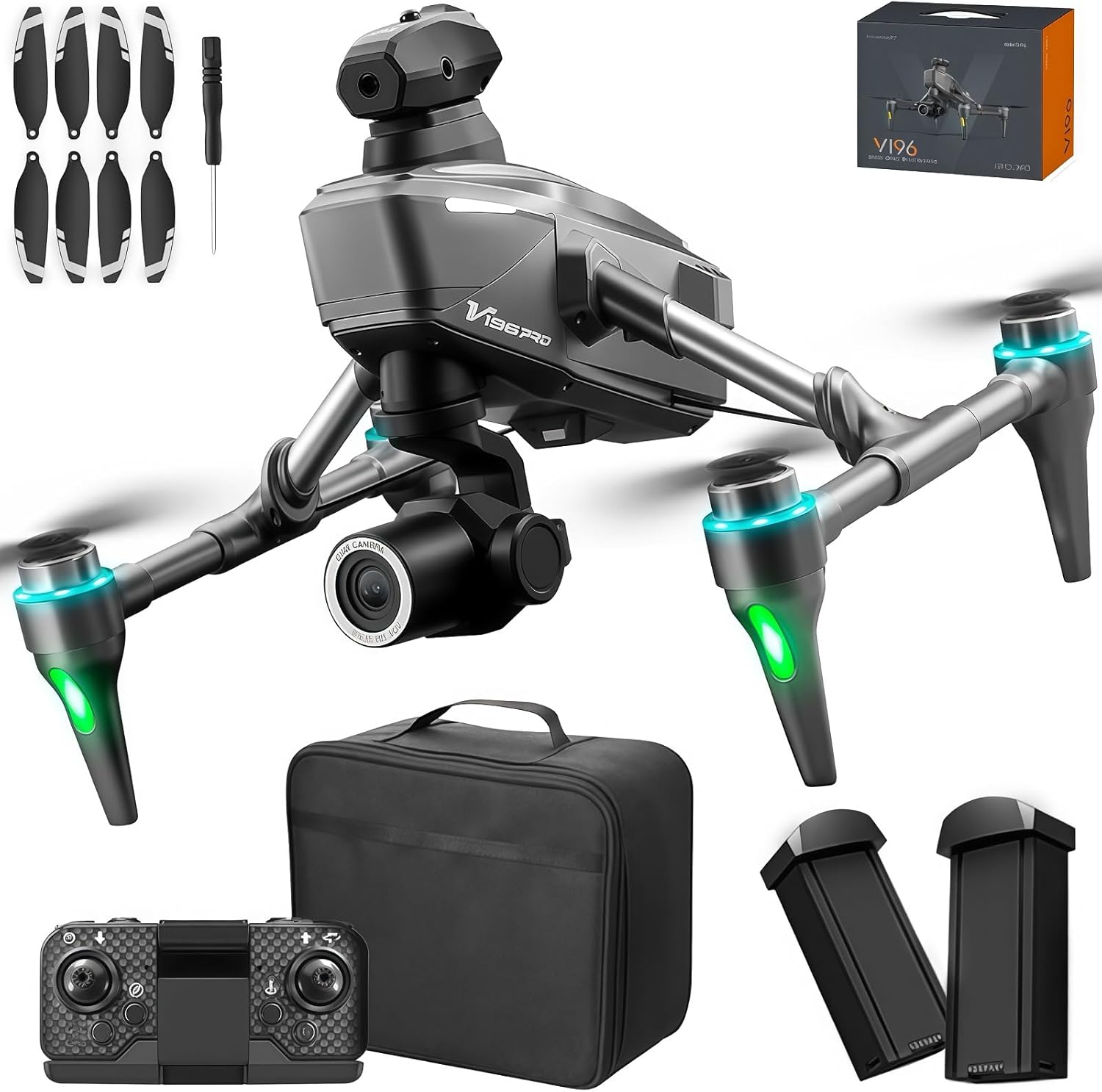V196 GPS Drone with 1080P HD Camera, Two-batteries, Brushless Motor, Altitude Hold, One Key Take Off/Landing, with Black Outdoor Carrying Case.