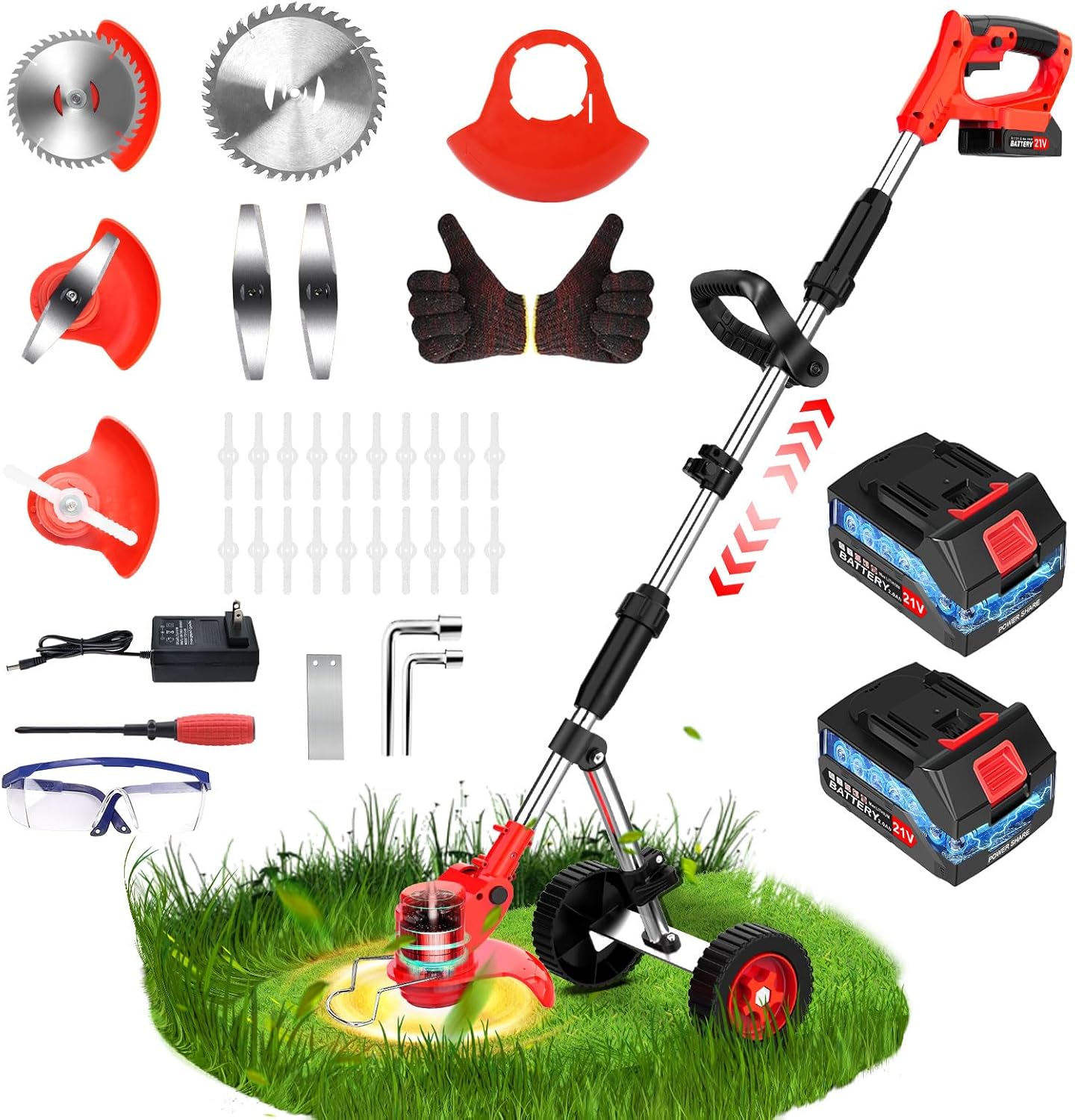 21V Cordless Strimmer, 3 in 1 Electric Garden Strimmer Grass Strimmer with 2 x 2.0Ah Batteries, Telescopic Lightweight Grass Trimmer with 1 x Saw Disc, 2 x Steel Blades, 20 x Plastic Blades