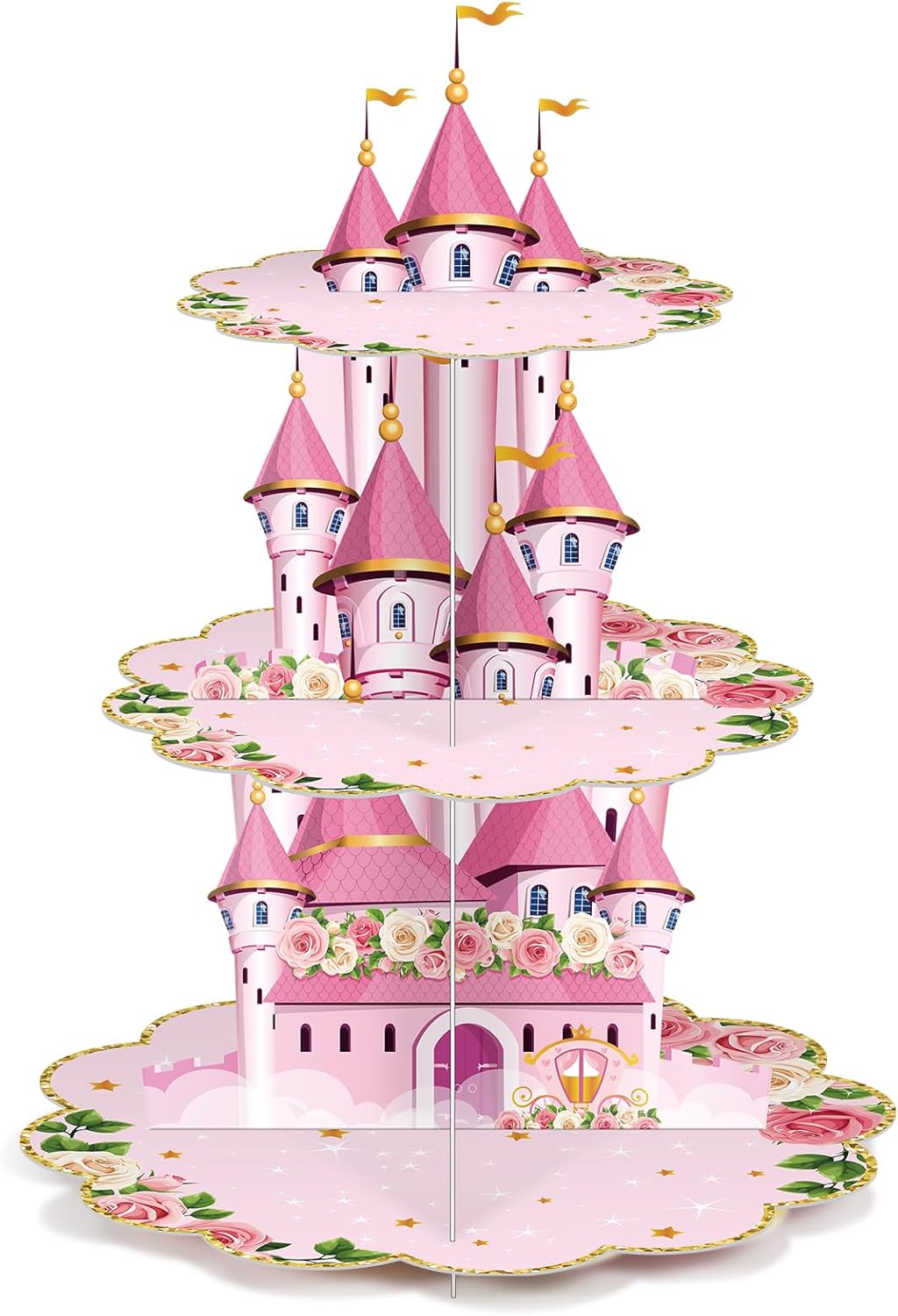 Zopeal 3 Tier Princess Birthday Cupcake Stand - Pink Castle Crown Carriage Dessert Tower for Girls Birthday Theme Baby Shower Party Decorations and Supplies