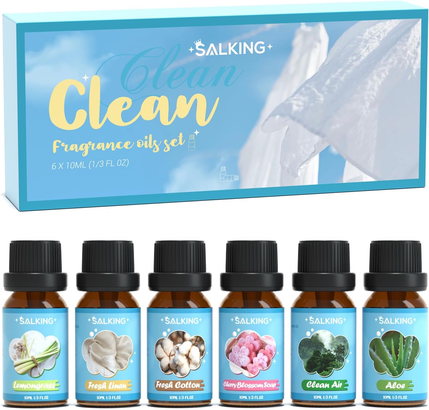 SALKING Clean Fragrance Oils, Essential Oils Gift Set, Diffuser Oils, Scented Oils for Soaps Candle Making - Lemongrass, Fresh Cotton, Fresh Linen, Cherry Blossom Soap, Clean Air, Aloe