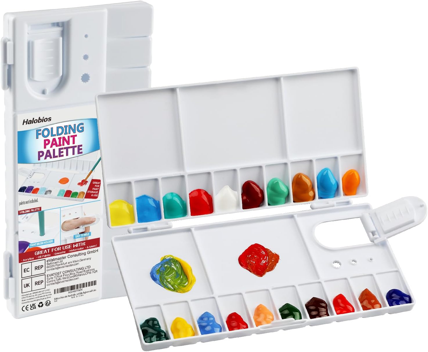 Watercolor Palette, Halobios Paint Palette with 20-Well and 5 Mixing Areas, Folding Paint Tray with Thumbhole and Paint Brush Holder, Plastic Painting Palette for Kids Beginners Artists(1 Pack)