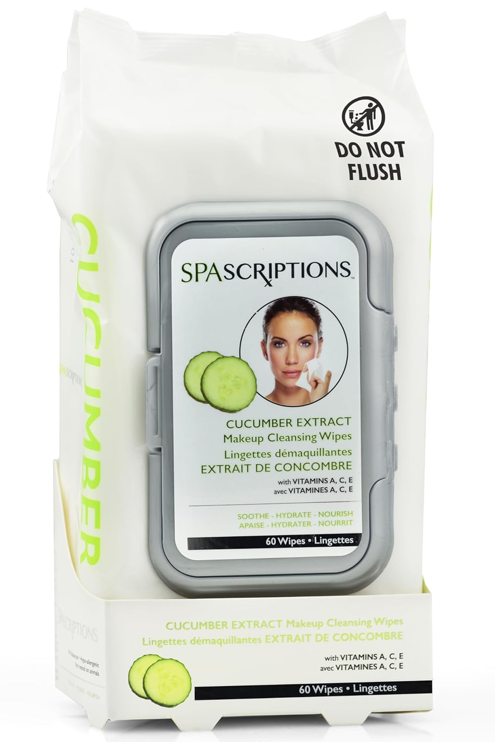 SpaScriptions Cucumber Makeup and Face Cleansing Wipes - Usable as Even Waterproof Mascara Cleanser Wipes - Face Wipes for Women for Beauty, Personal Care, Gentle and Effective Makeup Cleanser 60 Ct. 1 Pack