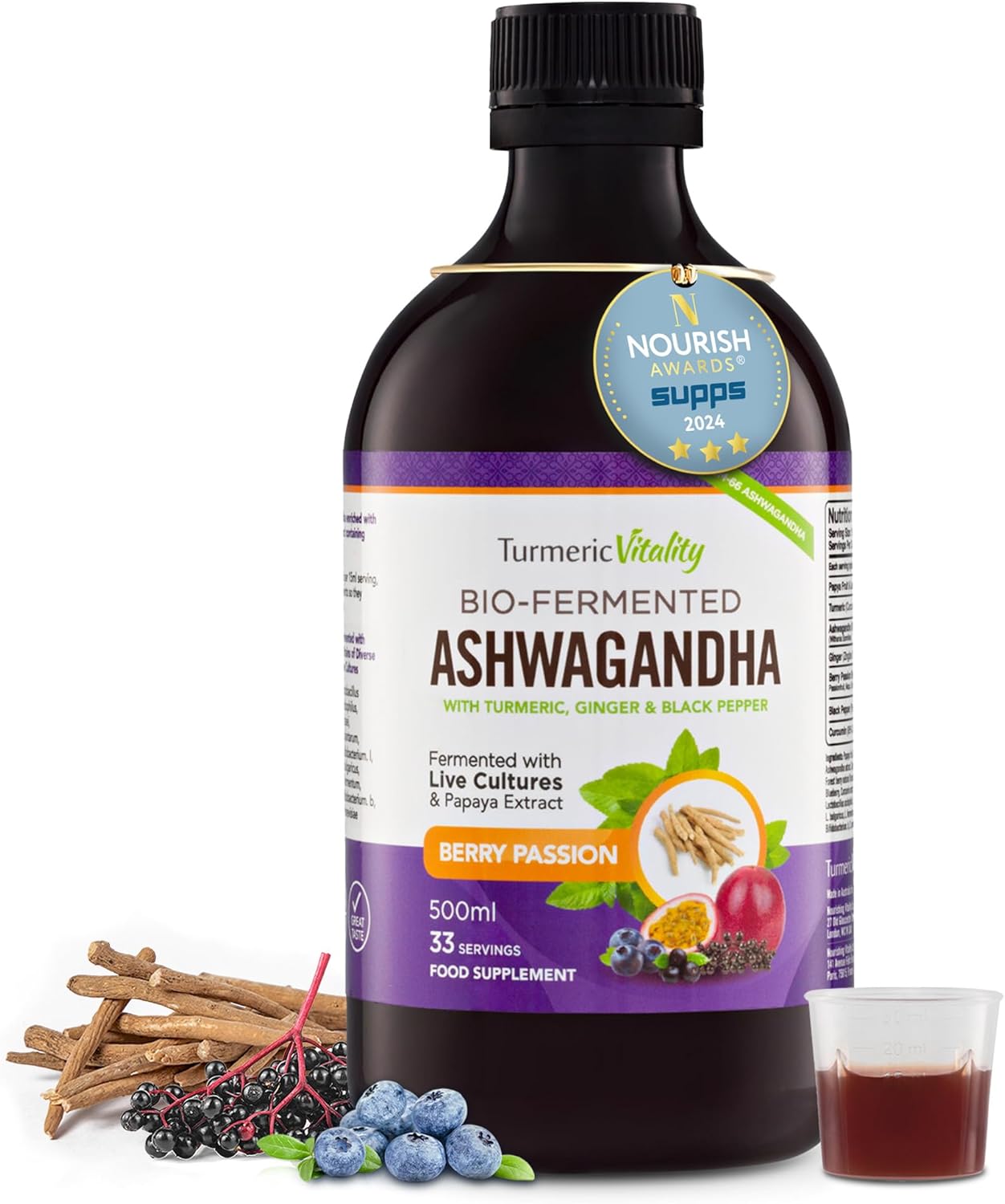 Ashwagandha KSM-66 Liquid Bio-Fermented with Turmeric, Probiotics & Digestive Enzymes for Stress, Mood & Gut Health - Natural Berry Passion Flavour