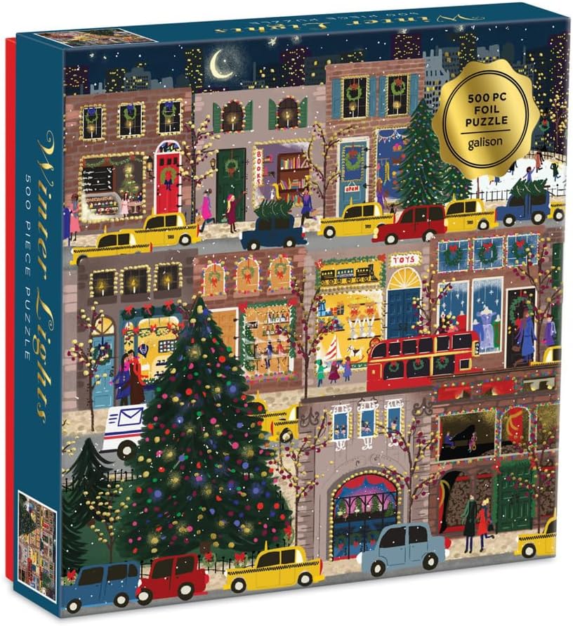 Galison Winter Lights Foil Puzzle 500 Pieces – Holiday Jigsaw Puzzle Featuring Festive City Scene by Joy Laforme – Thick, Sturdy Pieces Challenging Family Activity Great Gift Idea