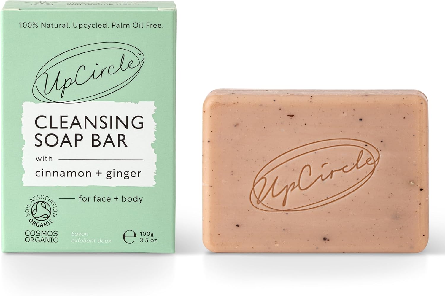 UpCircle Cinnamon + Ginger Chai Soap Bar 100g - Certified Organic Vegan Cleanser For Face And Body - French Pink Clay + Glycerin Reducing Redness + Irritation - Natural, Cruelty-Free + Palm Oil Free