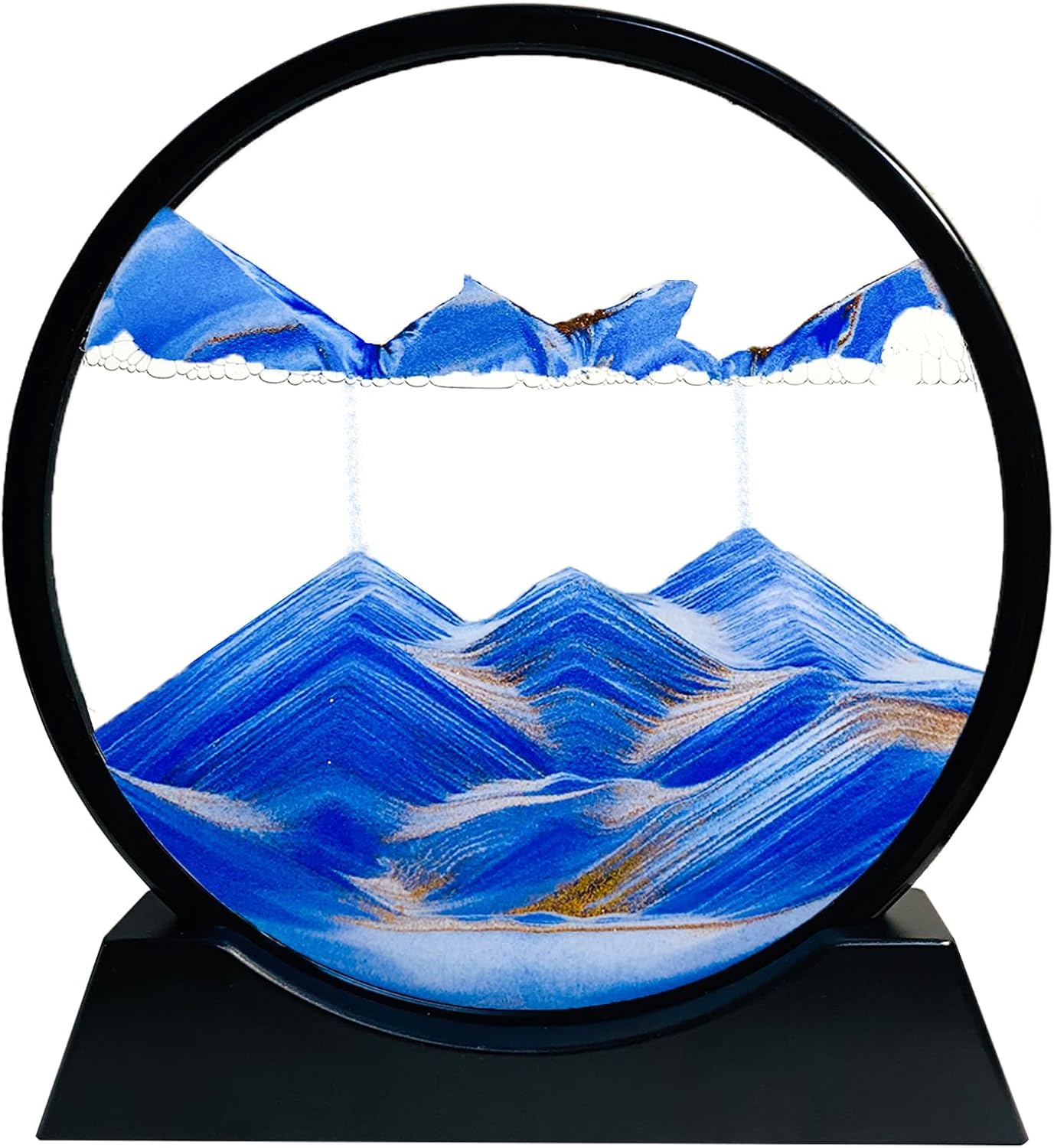 Moving Sand Art Liquid Motion - Moving Sand Art Picture 3D Deep Sea Sandscape, Round Glass Frame Display Flowing Sand Relaxing Toy for Desktop Home Office Work Ocean Decor(Blue, 7")