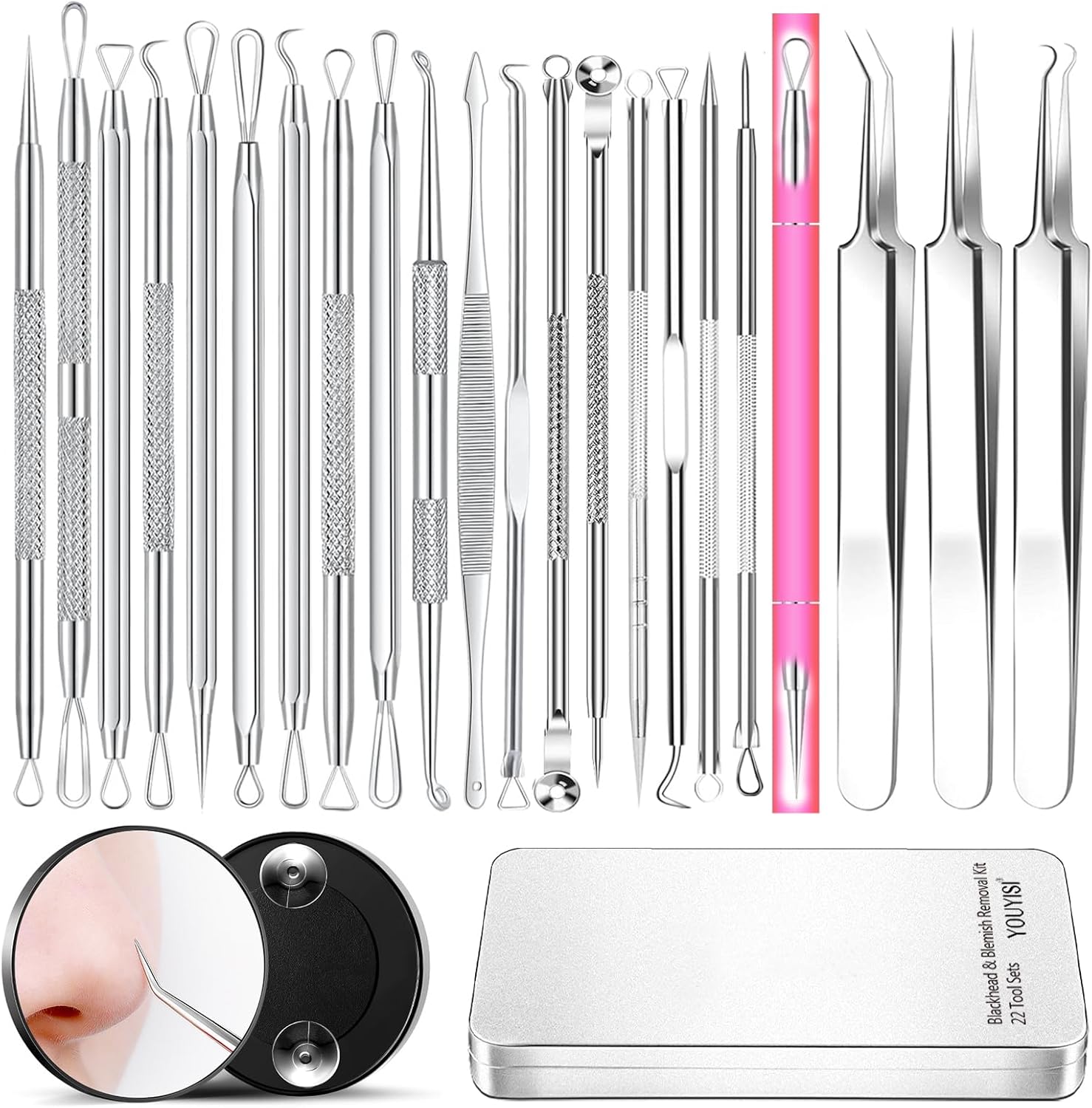 2025 Professional Pimple Popper Tool Kit - 22 PCS Blackhead Remover Tools for Acne and Zit Popping Comedone Extractor with Magnifying Glass