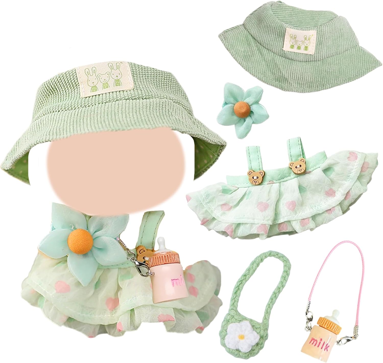 17cm Doll Clothes Summer Youth Doll Clothes Accessories Set with 1 Green Strap Dress 1 Sunshade Hat 1 Bag 1 Bottle Decoration for Girls Boys Kids Birthday Gifts，No Doll