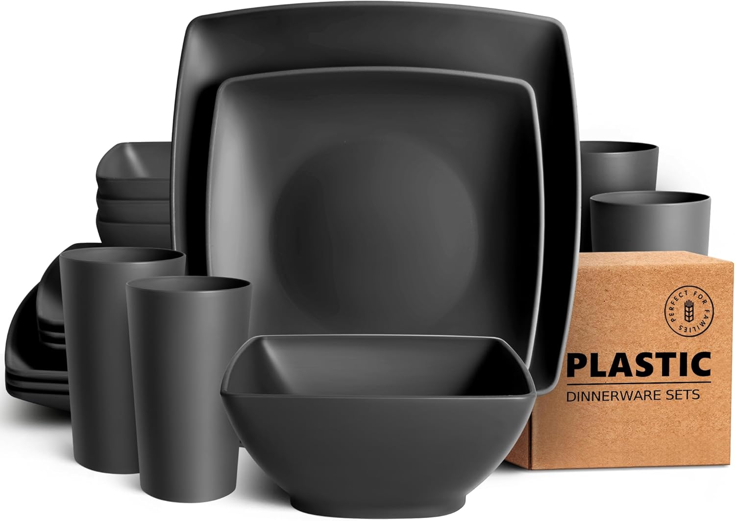 Teivio 16-Piece Kitchen Reusable Plastic Square Dinner Set, Service for 4, Dinner Plate, Dessert Plate, Cereal Bowl, 20 oz Cup, Unbreakable Plastic Plates and Bowls Set, Outdoor Camping Dishes, Black