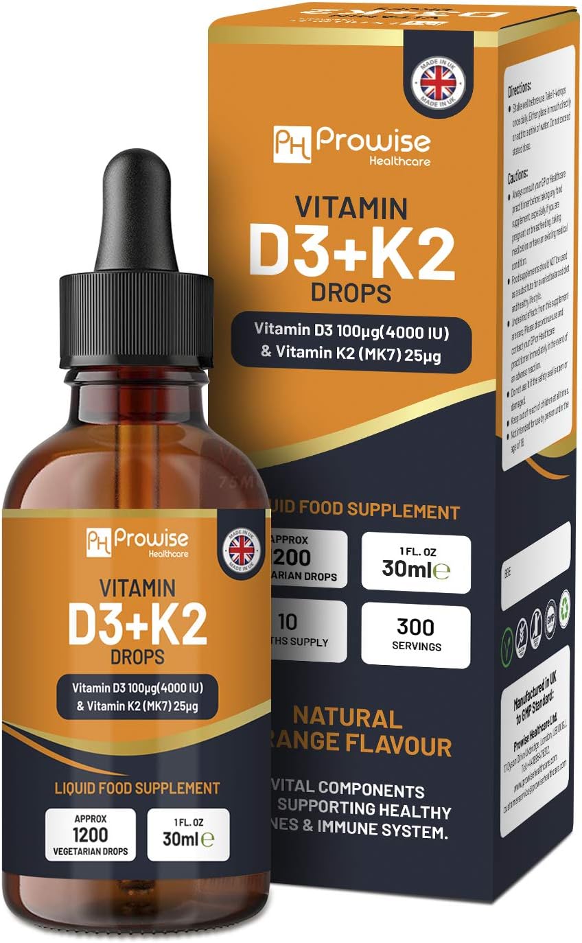 Vitamin D3 4000iu + K2 MK7 25µg I Orange Liquid Drops I High Strength 4000iu D3 + 25µg K2-30ml Bottle I Fast Absorption I 1200 Vegetarian Drops - Made in UK by Prowise Healthcare