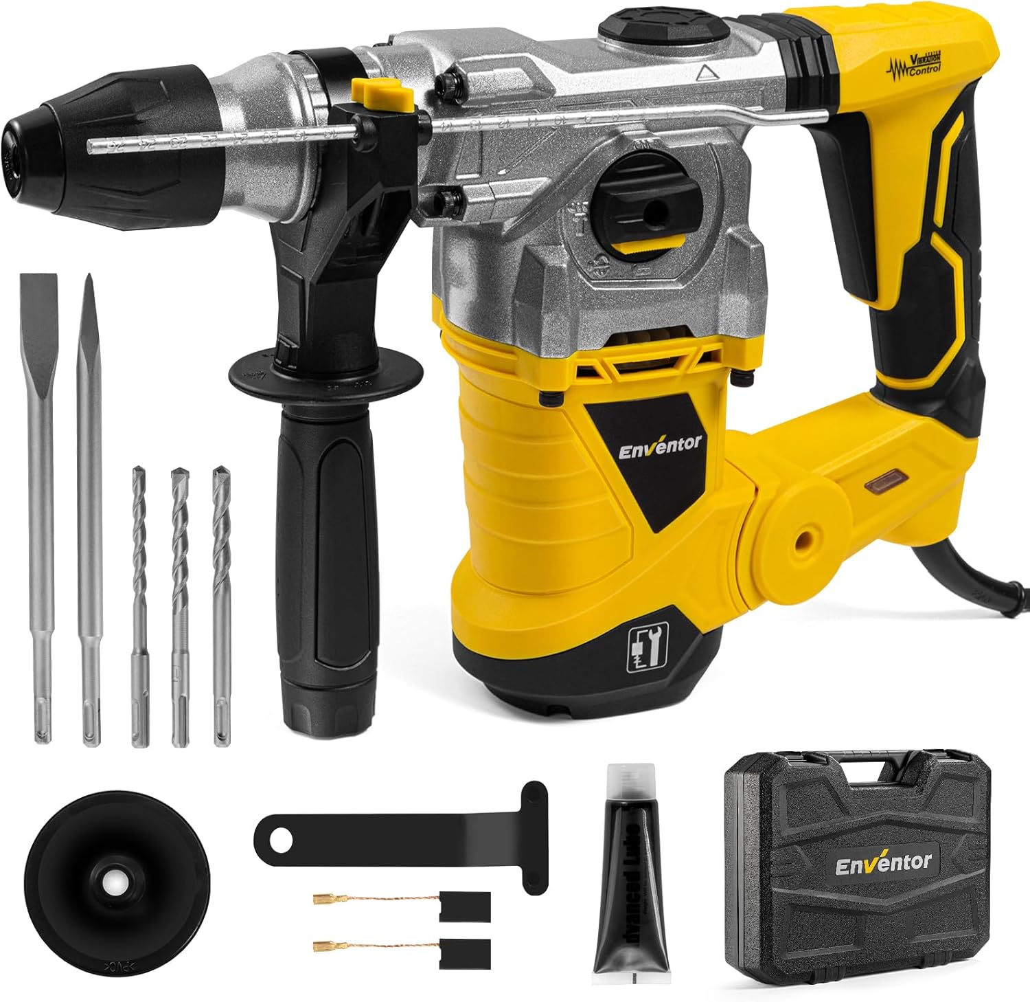 Enventor Hammer Drill, 1500W Heavy Duty Electric Rotary Hammer Drill, 360° Auxiliary Handle, SDS-Plus, for Concrete, Masonry, Brick, Steel, Wood