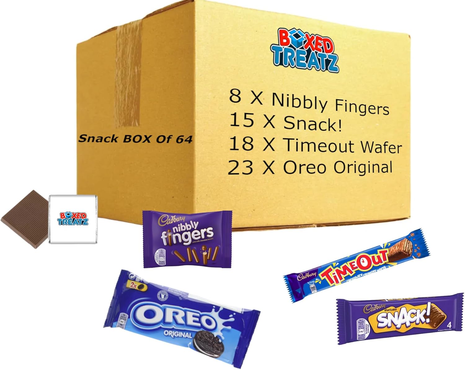 Big Box Of Treats: 64 Snacks Of Nibbly Fingers, Timeout Wafer, Shortcake Snack & Oreo Original (1.79 KG) Boxed Treatz