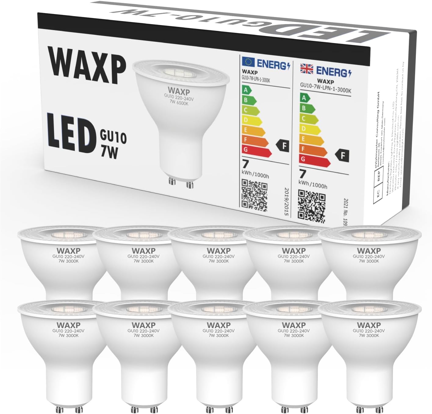 7W GU10 LED Bulbs Warm White, 3000K, No Flickering, 38° Beam Angle, 540lm Spotlight Bulbs, 50-60W Halogen Light Bulbs Equivalent, Non-Dimmable, 10 Pack