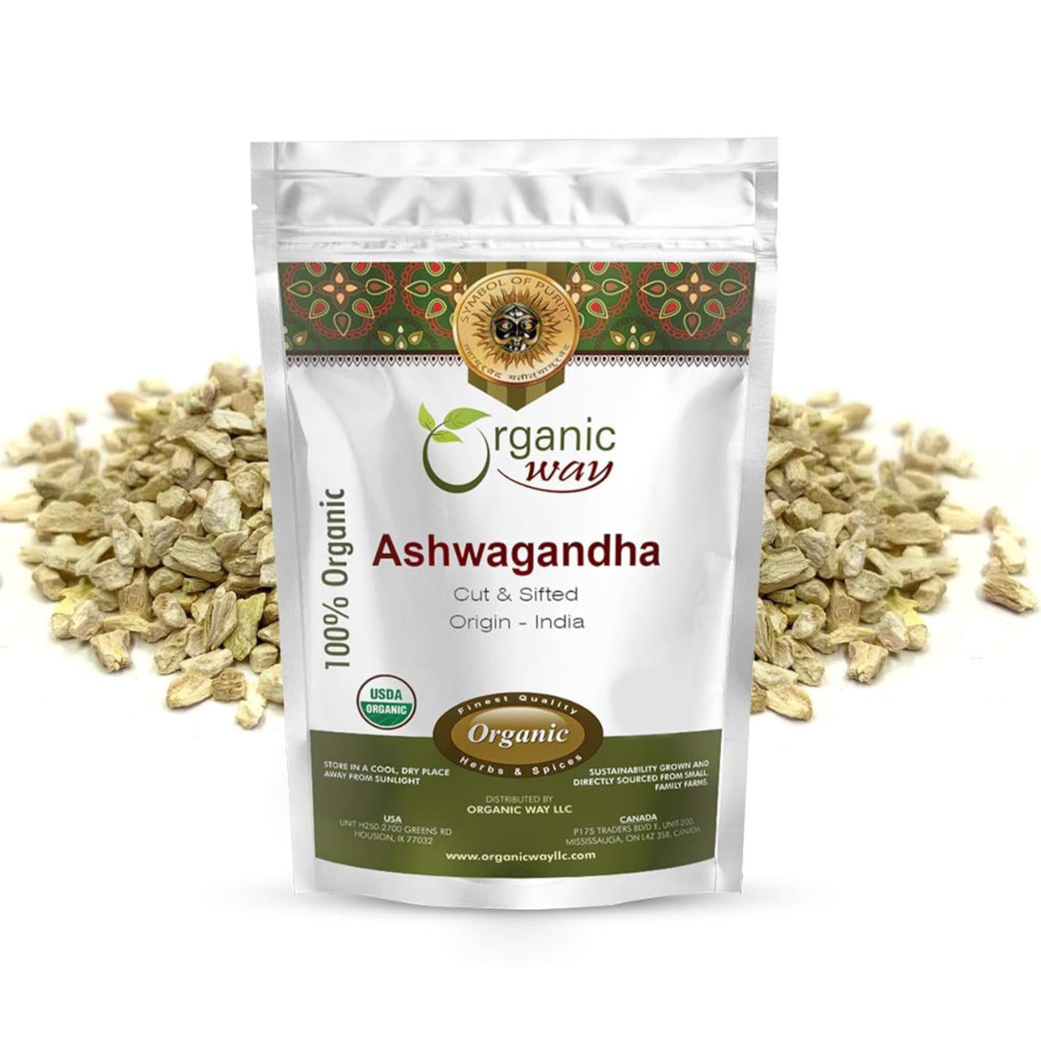 Organic Way Ashwagandha Root Cut & Sifted (Withania Somnifera) - Organic & Kosher Certified | Vegan, Non GMO & Gluten Free | USDA Certified | Origin - India (1/2LBS / 8Oz.)