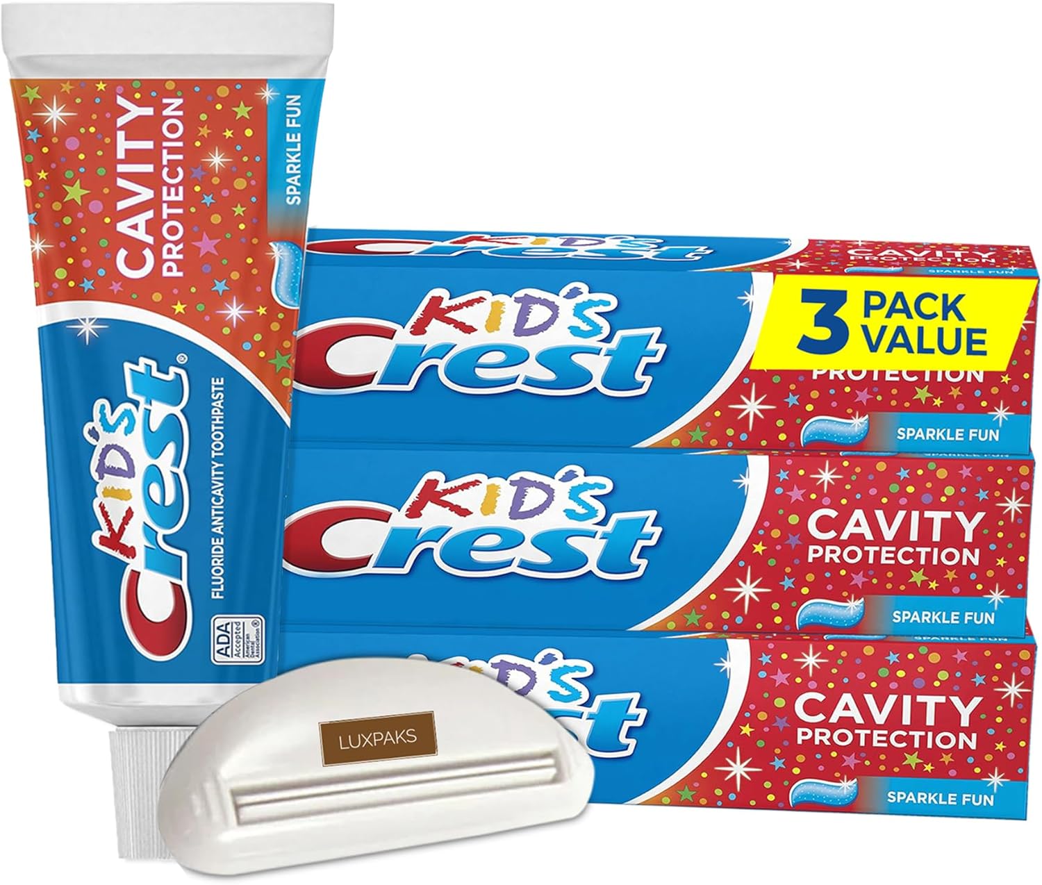 CRST Kid's Cavity Protection Toothpaste, Sparkle Fun Flavor, 4.6 oz, Pack of 3 Bundled with LUXPAKS Squeezer