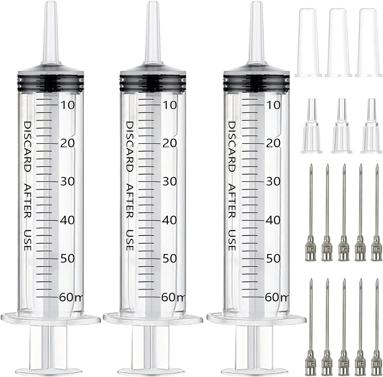 60mL Individually Packaged Syringe with Cap and Stainless Steel Needle, 3 Pack Large Plastic Reusable Feeding Syringe for Labs, Food, Watering, Oil & Glue