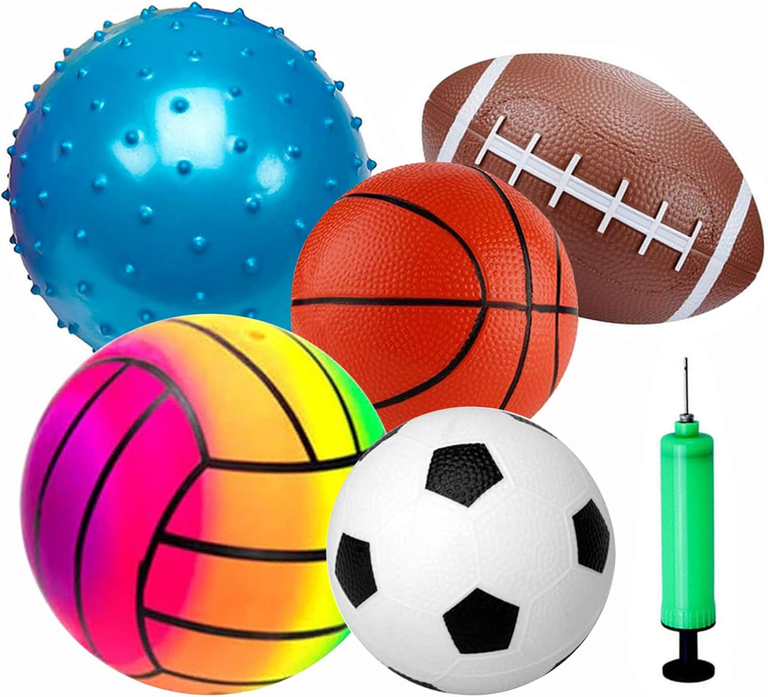 POTWPOT Sports Ball Toys, 5pcs Inflatable Sport Balls Set with Pump, Includes Football, Basketball, Volleyball, Rugby, Acanthosphere, Outdoor Games for Kids Beach Balls Toys