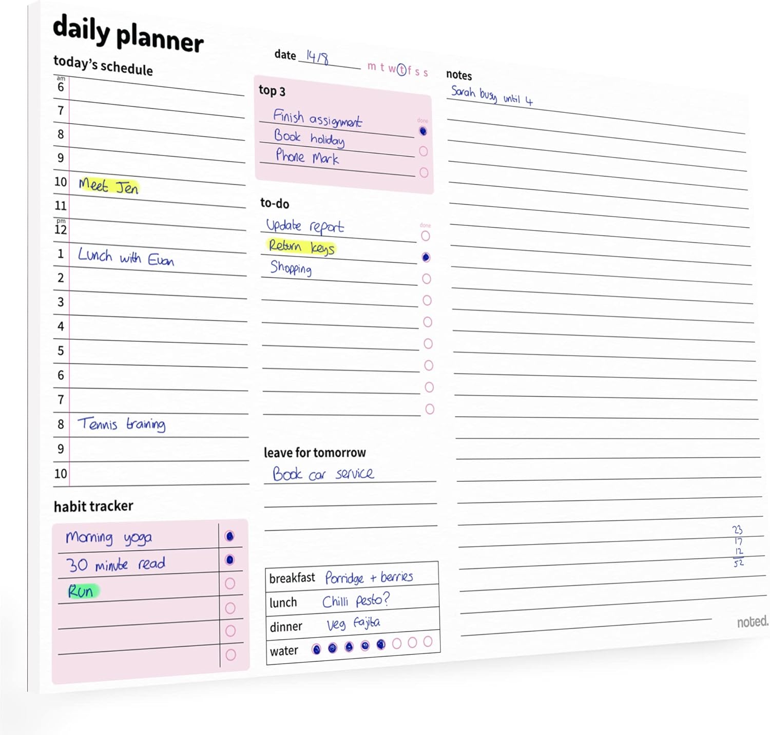 A4 Daily Planner Pad – 52 sheets - Organiser with Daily Schedule, Large Notes Area, To Do List Daily Planning, Habit Tracker – Tear Off Desk Pads for Work, Business, Home or Exam Study Revision