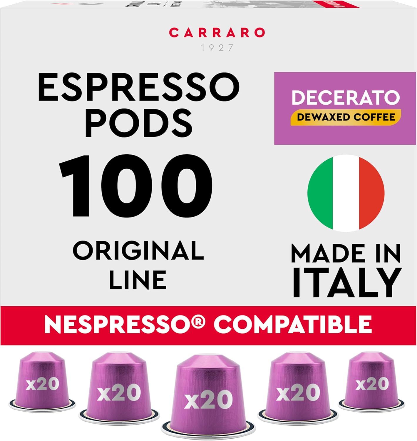 CARRARO 1927 Decerato Coffee Capsules - 100 AluminIum Dewaxed Coffee Pods Compatible with Nespresso Original line, Medium Roast - Intensity 7/14, Made in Italy