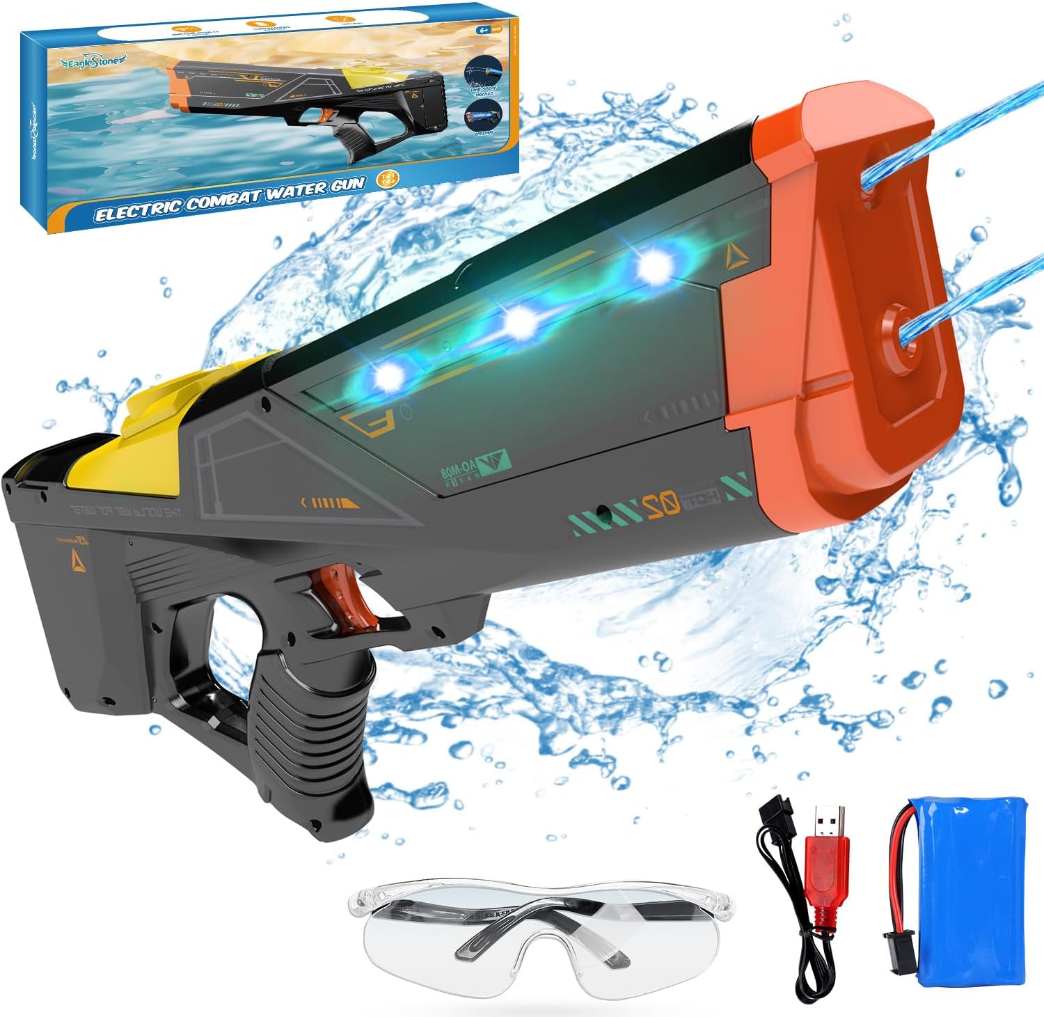 EagleStone Electric Water Gun for Adults & Kids, Light-Up Dual Nozzle Water Blaster,Squirt Gun with 1500mAh Battery, 26-33FT Long-Range Shooting, Leak-Proof, Outdoor Beach Pool Party Toy